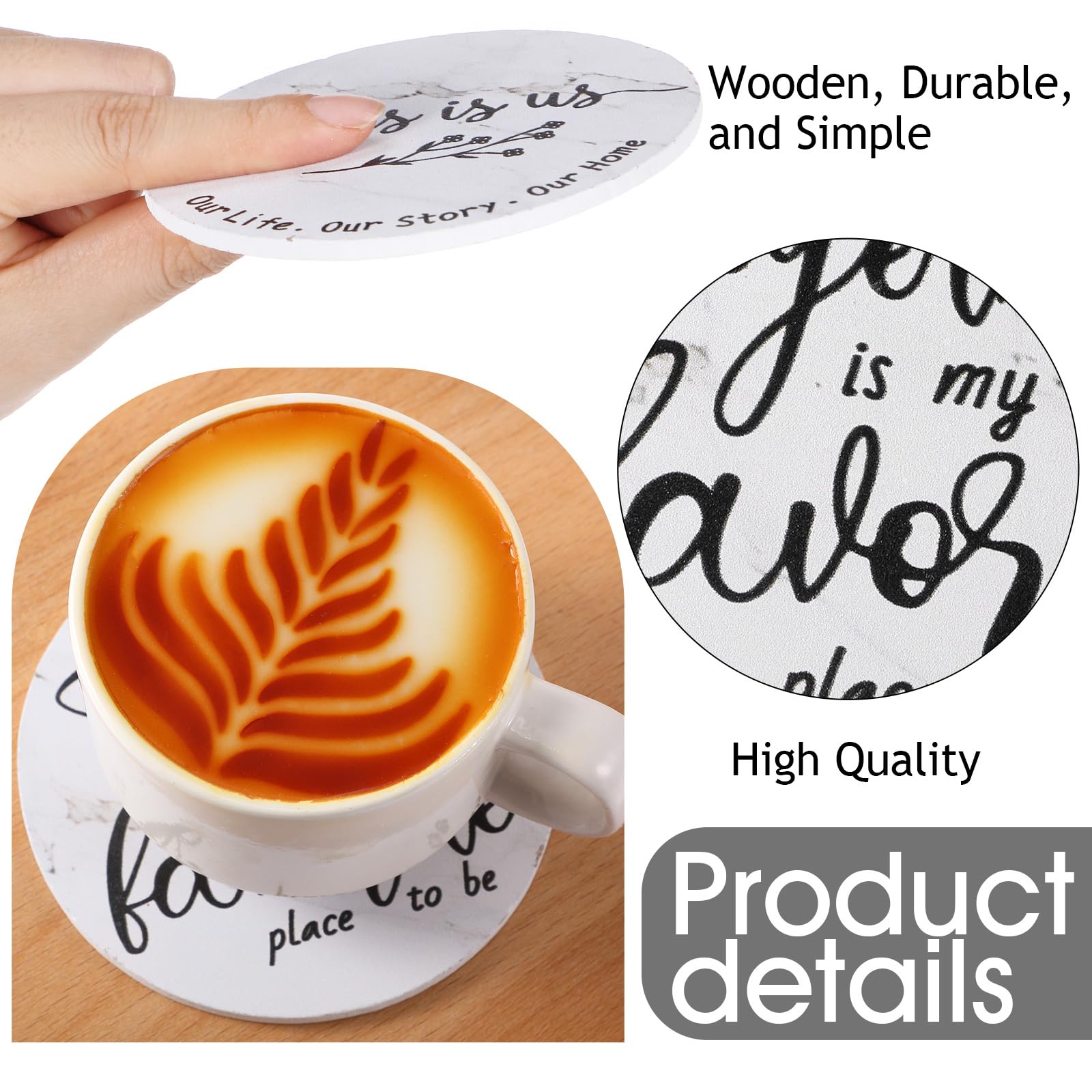 Queekay Coasters Set of 6 House Warming Gifts New Home Wooden Farmhouse Drink Coasters with Holder 4'' Funny Decoration for Kitchen Family Coffee Bar Tabletop Protection(White Marble) - Image 3