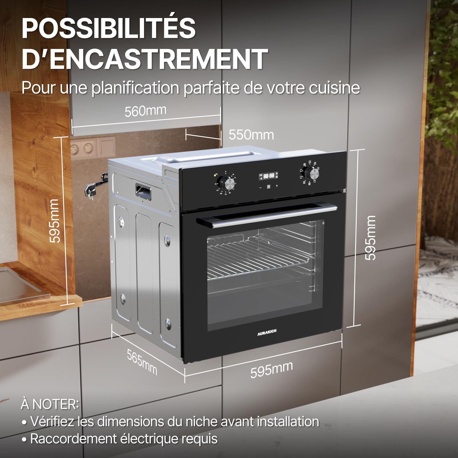 Four encastrable 60 cm, capacité 70 L, noir | chaleur tournante 4D, 8 modes de cuisson, chauffe rapide, minuterie et sécurité enfant, classe énergétique A, garantie 3 ans