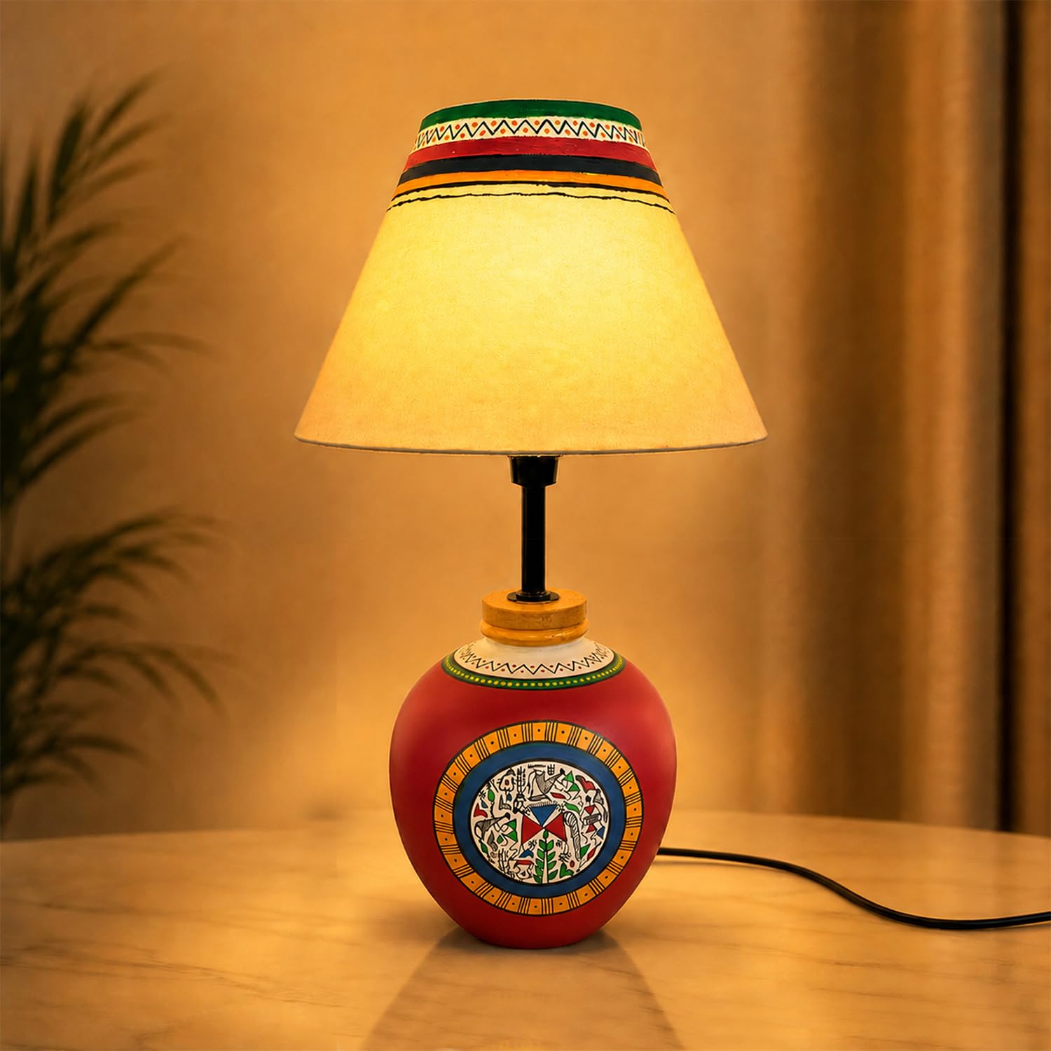 Amazon Basics Warli Whispers Red Table Lamp | Hand-Painted Terracotta Kalash Base with Polyester Shade | E14 Holder | Decorative Night Lamp for Bedroom, Living Room & Study Room | Home Décor Gift
