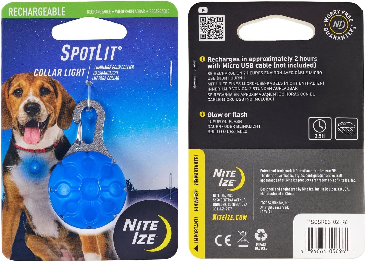 Nite Ize SpotLit Rechargeable Collar Light - 3.5-Hour Runtime - Harness & Dog Collar Light for Walking, Hiking & More - Weather-Resistant Construction for Busy Streets & Big Backyards - Blue