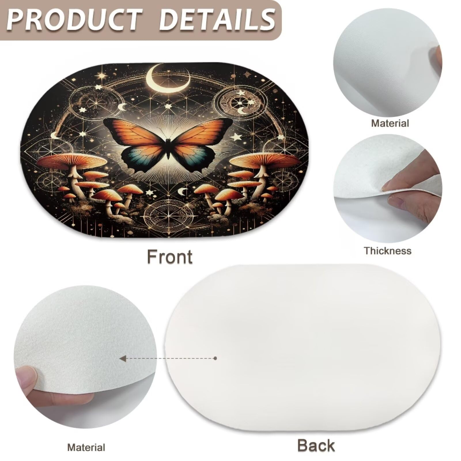 Poceacles Set di 6 tovagliette in finta pelle, resistenti al calore, antimacchia, antigraffio, ovali, 46 x 31 cm, per cucina, tavolo da pranzo, decorazione, farfalla, fungo, luna, stella