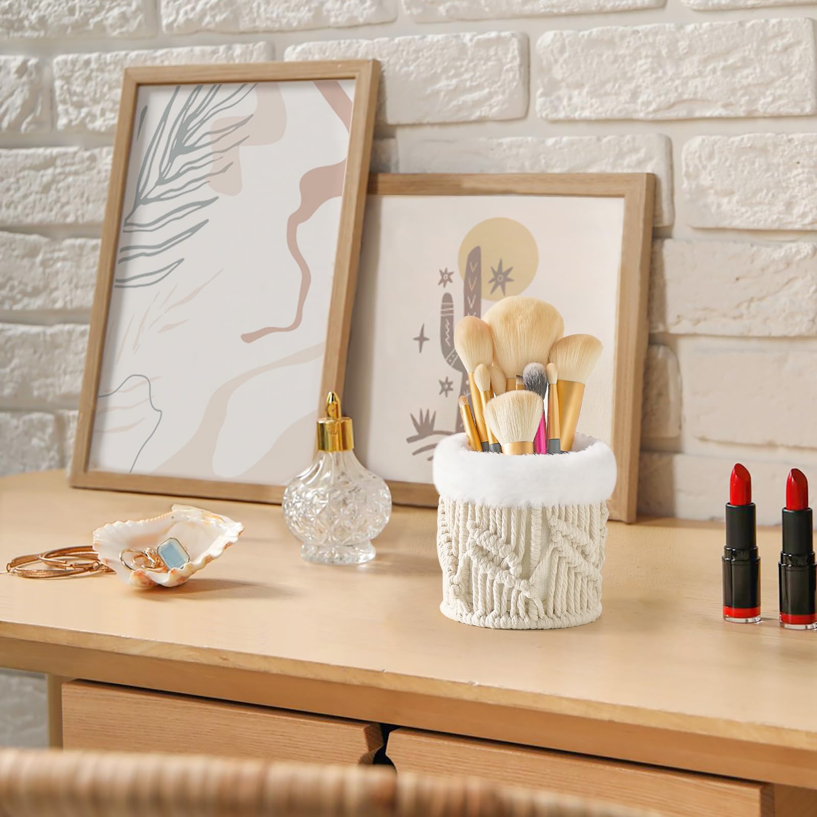 Mkono Macrame Makeup Brush Holder - Boho Woven Basket With Plush Lining, Ivory