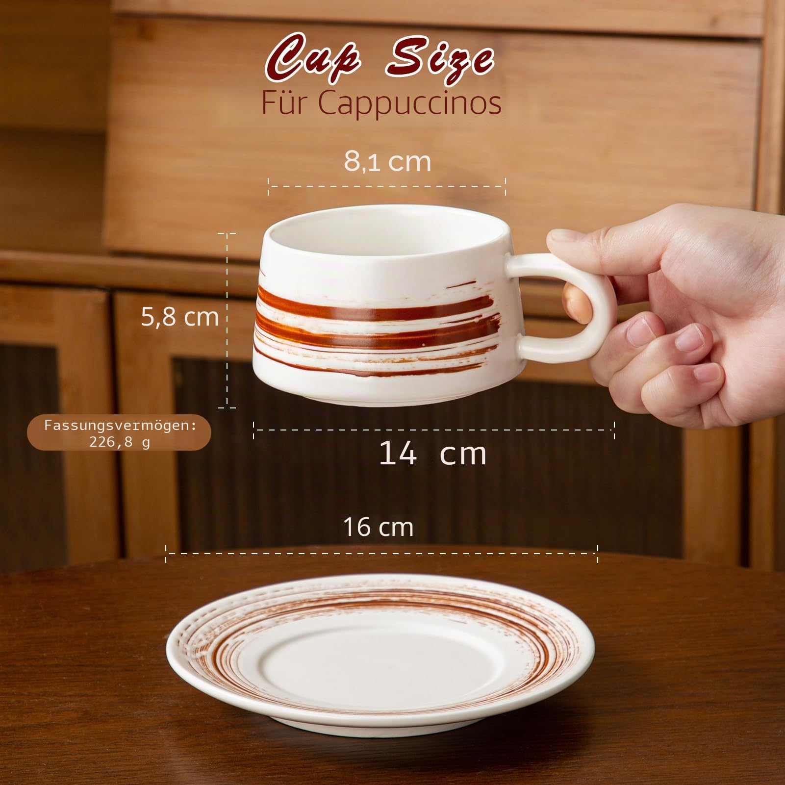 YUN TAO Cappuccino Tassen Set 4er, 236 ml, Kaffeetassen mit Untertassen für Zuhause, Frühstück, Café, Gastronomie, spülmaschinenfest