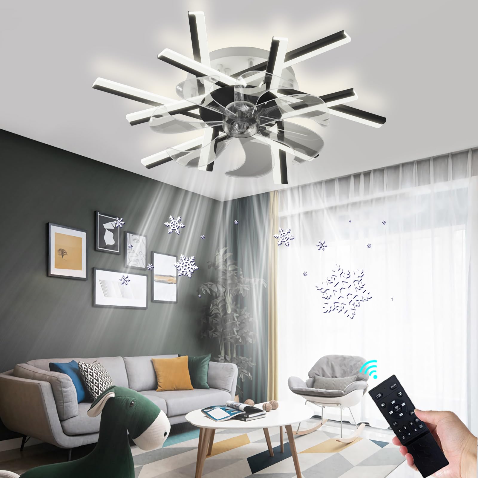 YUNZI 62CM Large Ceiling Fan with Light and Remote Control Reversible Winter and Summer Function 6 Speed Fan Light LED Dimmable Ceiling Fan for Living Room Bedroom