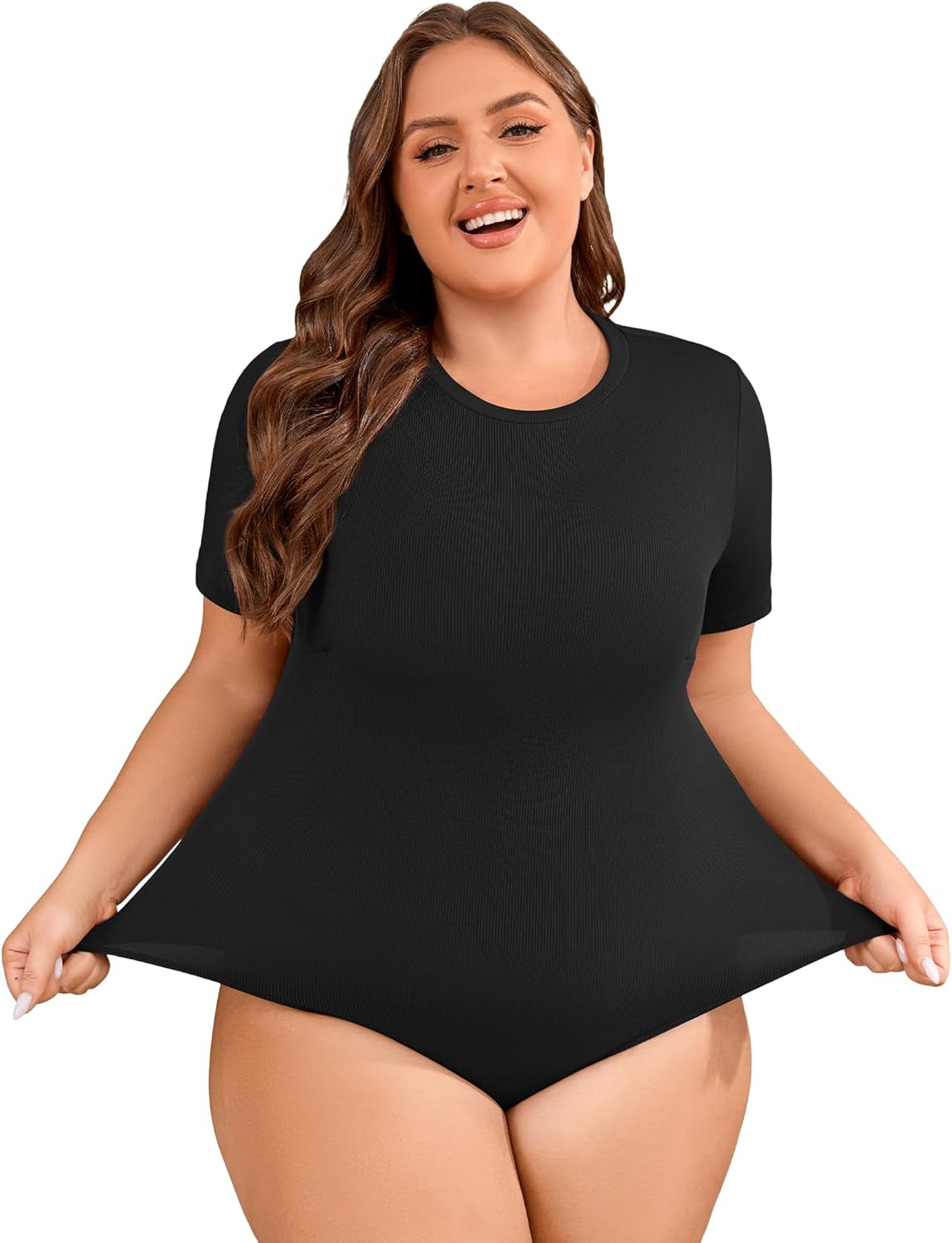 FOREYOND Plus Size Bodysuits for Women Short Sleeve Scoop Neck Bodysuit One Piece Body Suit Tops - Image 3