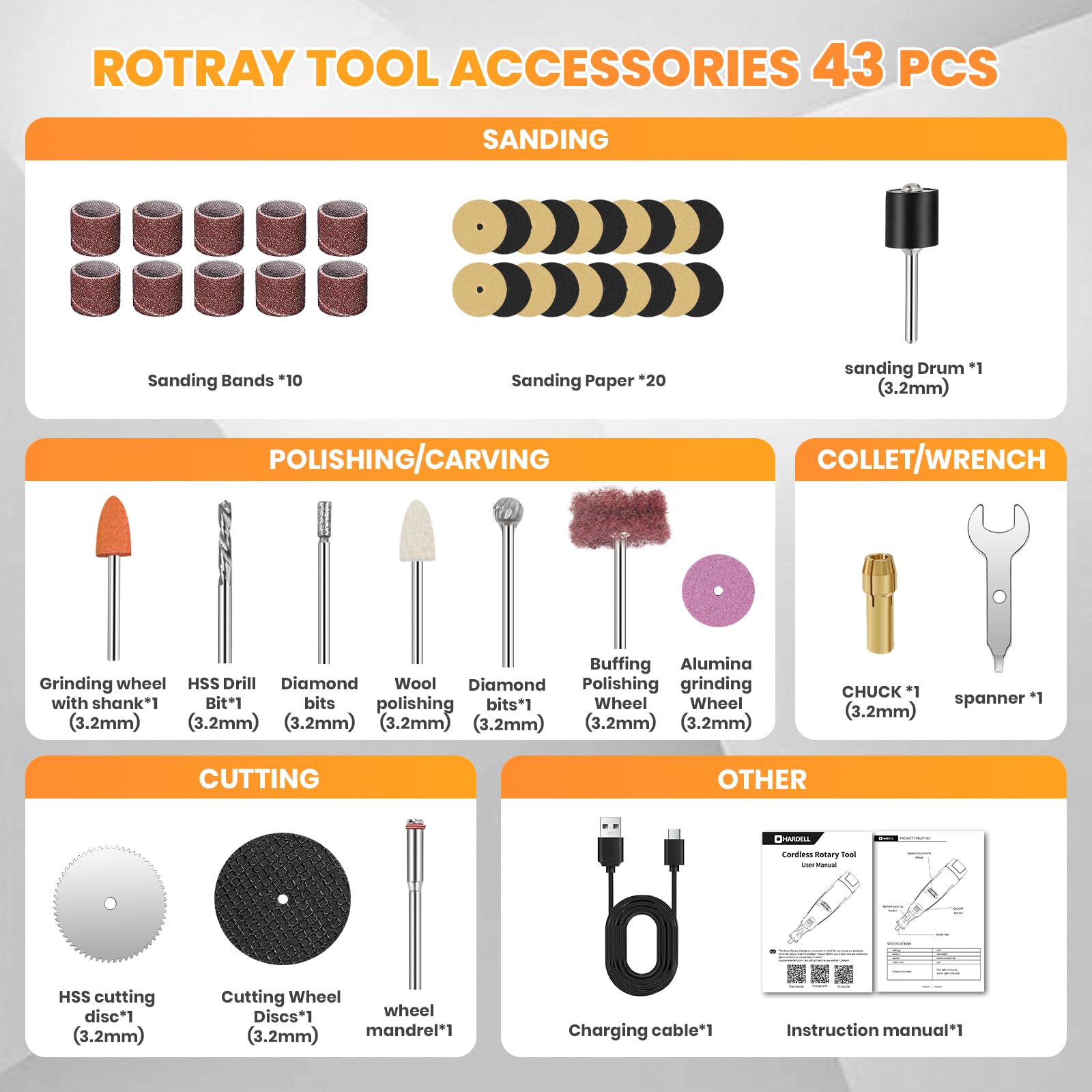 HARDELL Kit de Herramienta Rotativa Inalámbrica de 12 V Actualizado con 43 Accesorios, 6 Velocidades (10 000-25 000 RPM), Batería Extraíble de 1500 mAh, Larga Autonomía para Lijar, Pulir
