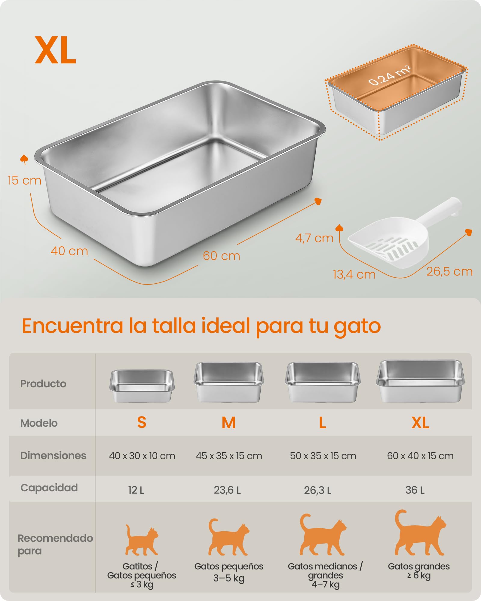 Feandrea Bandeja Sanitaria para Gatos de Acero Inoxidable, Arenero Abierto con Pala, 60 x 40 x 15 cm, para Gatos Grandes, Plateado PPT019E101