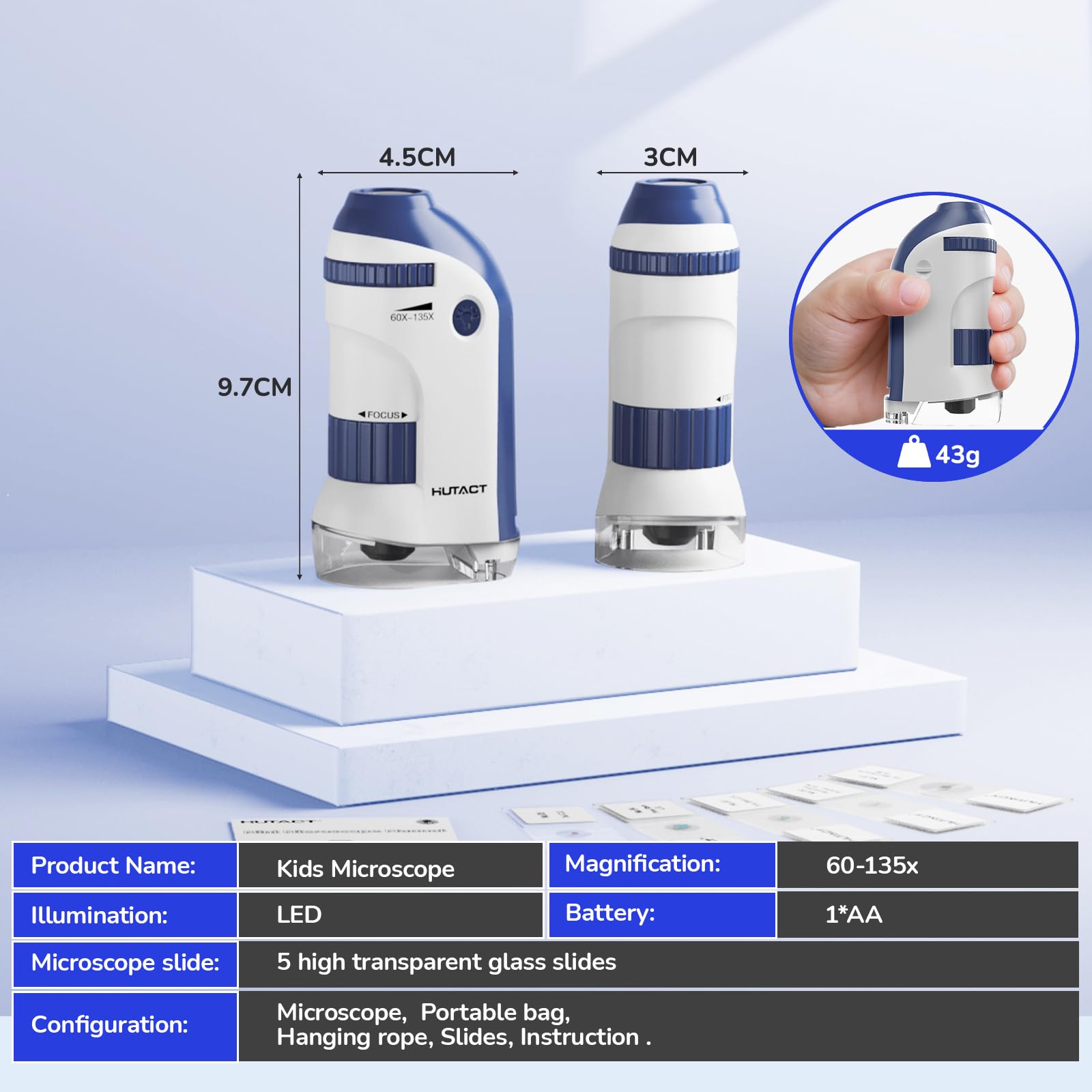 Microscopio Tascabile con Set di Vetrini: 60x-135x Microscopia Mini a LED Microscopio Portatile Bambini Regalo Educativo per Studenti Adulti Osservazione Microbiologica - blu