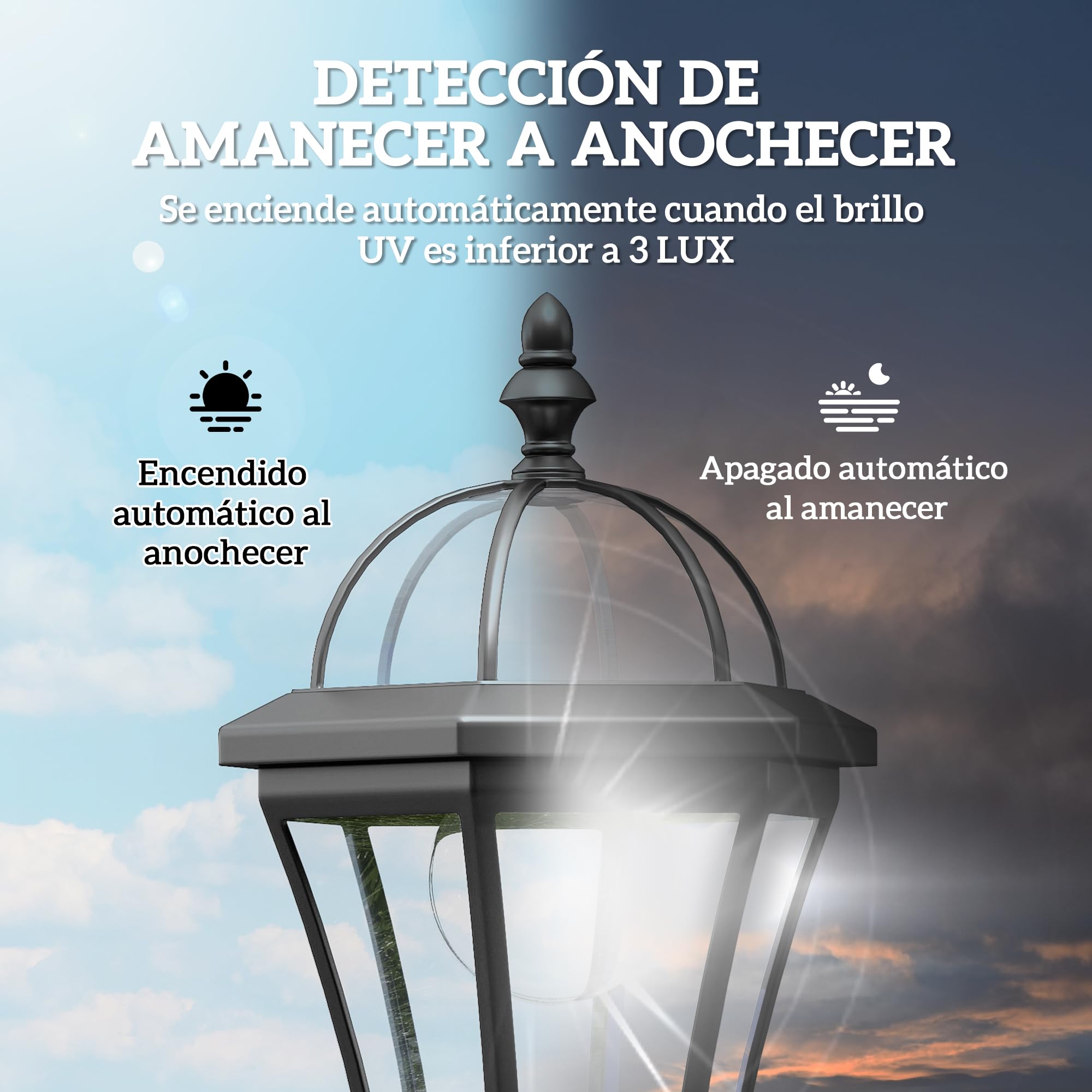 Outsunny 2 Farolas Solares de Jardín con 2 Luces LED Blanca Impermeable IP44 Apagado Automático Set de 2 Farolas de Exterior para Camino Terraza Patio 18,5x18,5x129 cm Negro