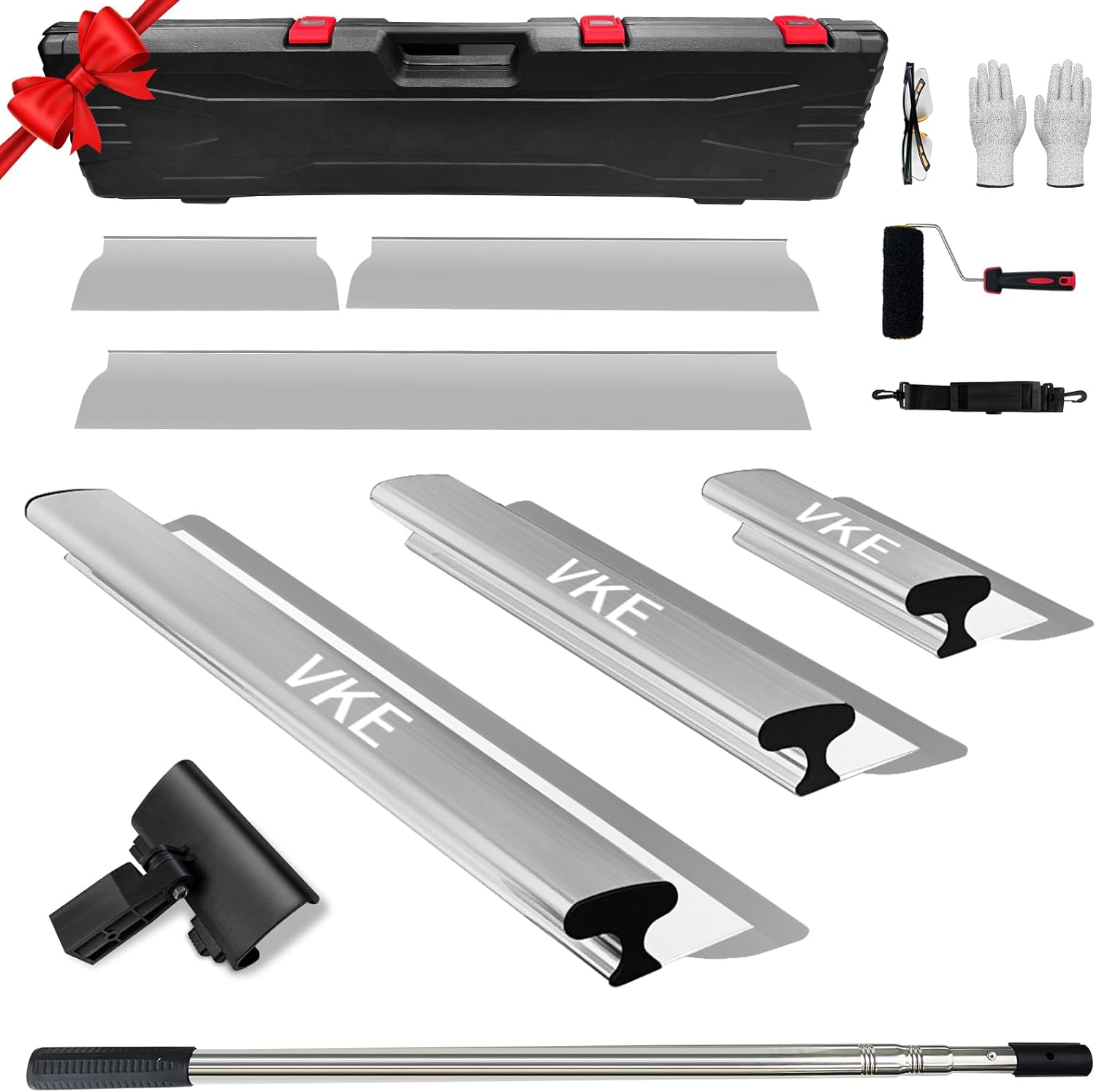VKE Drywall Skimming Blade Set, 12/20/32 Inch Stainless Steel Espatulas para Construccion, 3 Spare Skimming Blades, 39"-82" Extension Handle, Drywall Taping Tools with Storage Box, Goggles & Roller Stainless Steel - Suits