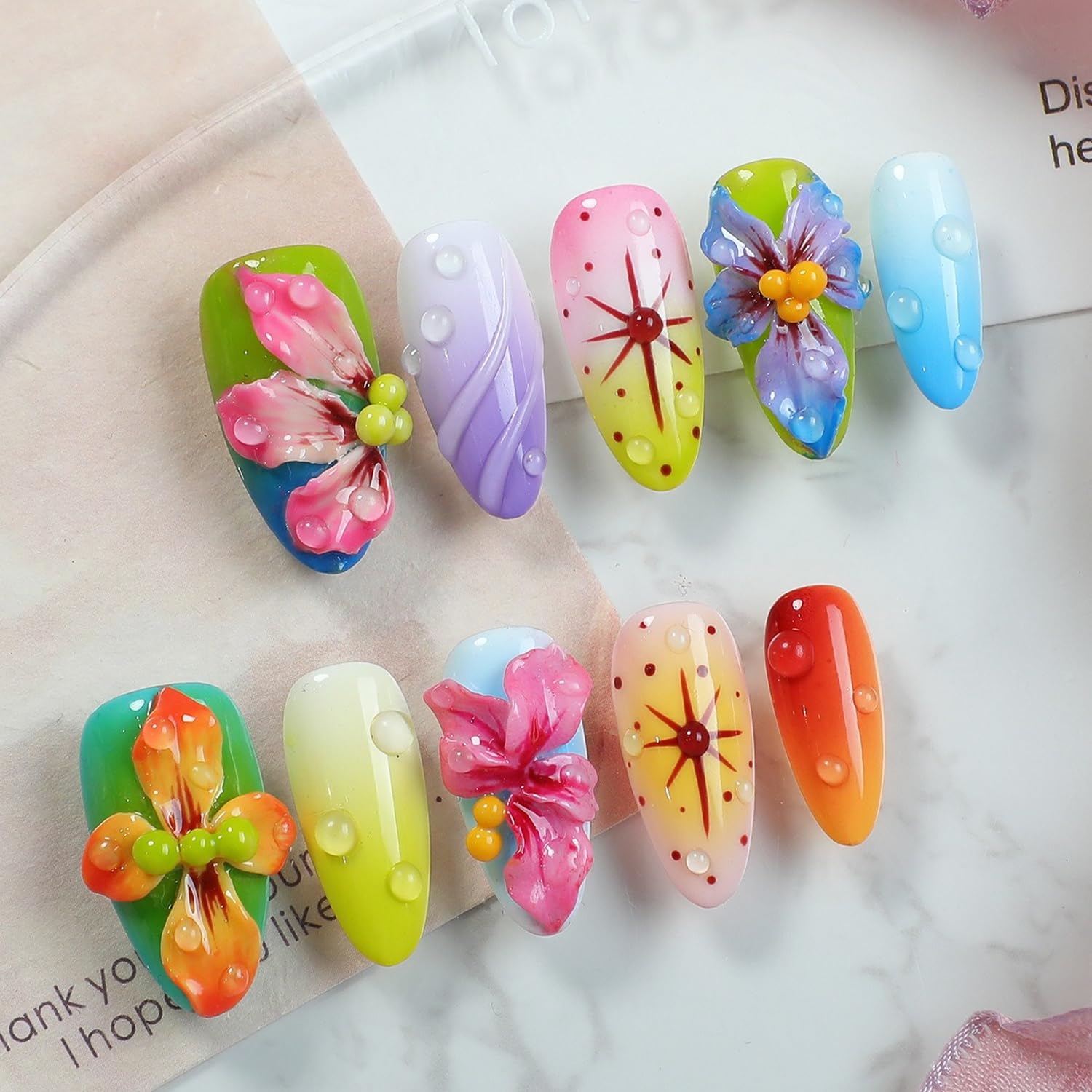 White French Tip Handmade Press on Nails Medium Square Fake Nails Muti-Layer Gel False Nails with 3D Flower Rhinestones Designs Thick Acrylic Nails Full Cover Stick on Nail for Women Nail DIY (Size M): M Colorful Almond M