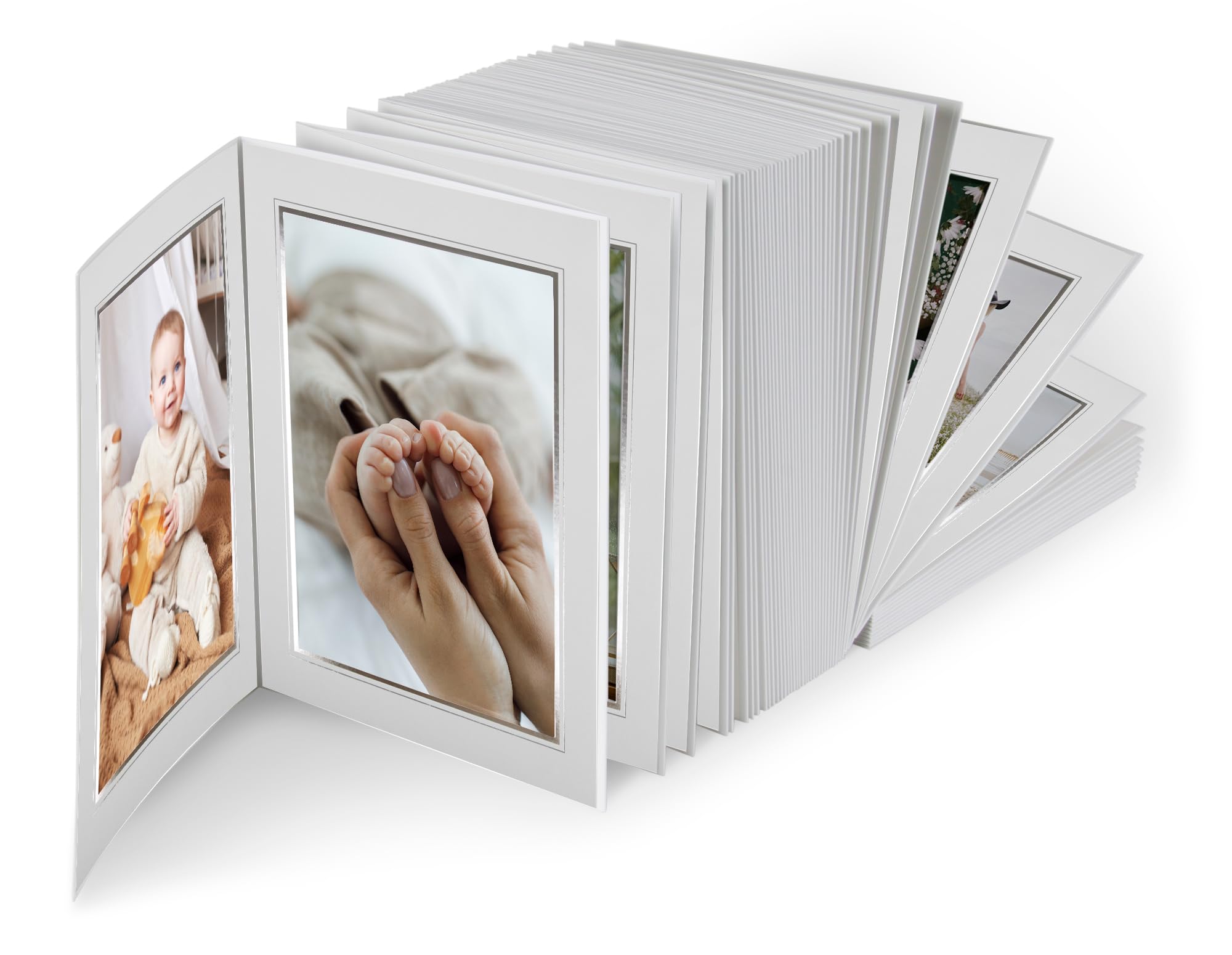100er Endlos-Leporello 18x24 cm, Leinen weiß Silberprägung, Passepartout für Fotos im Format 15x20 cm, Fotoblock Foto-geschenk Jubiläum