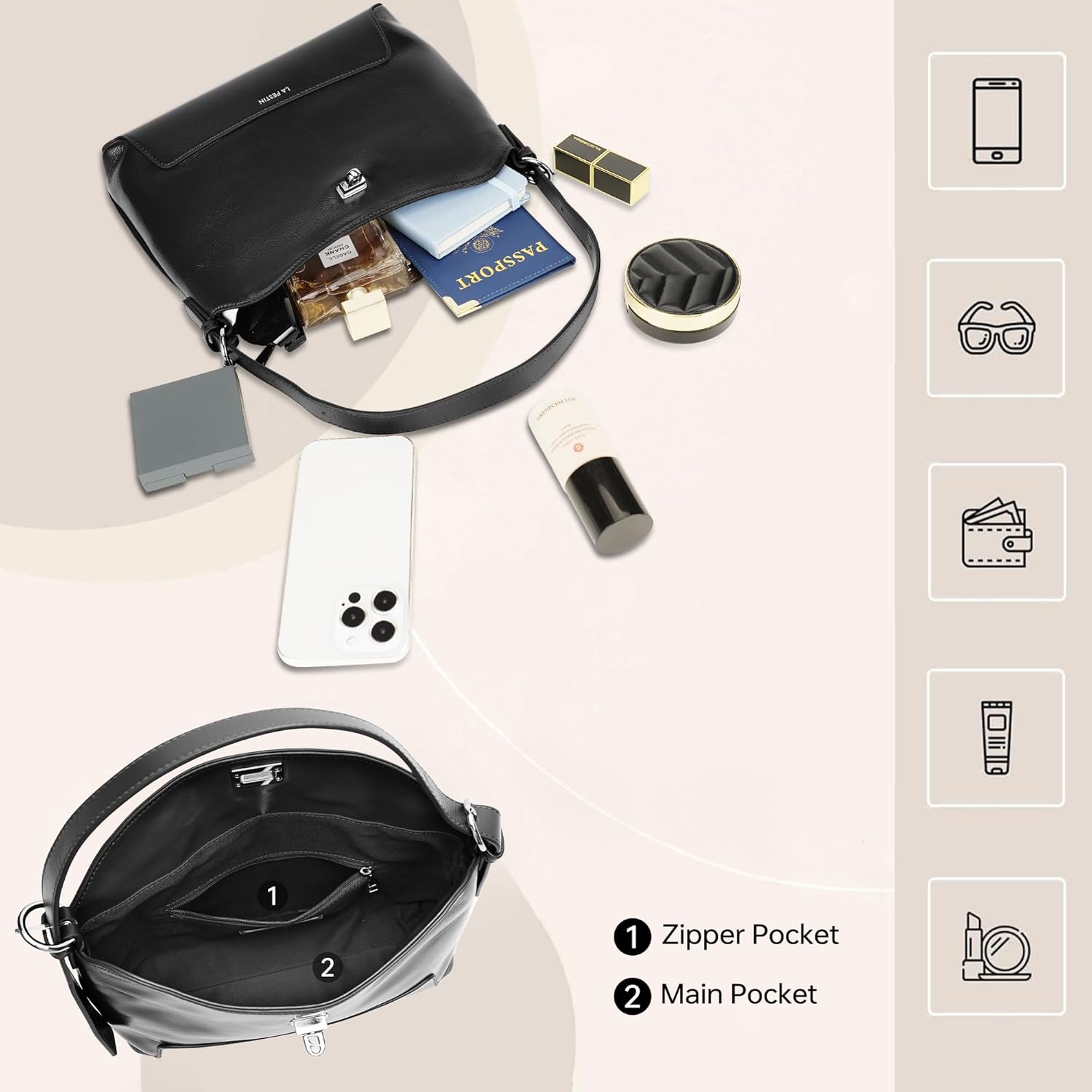 LA FESTIN Genuine Leather Top-Handle Bag for Women Small Designer Crossbody Purse Hobo Shoulder Bag with Adjustable Strap - Image 4