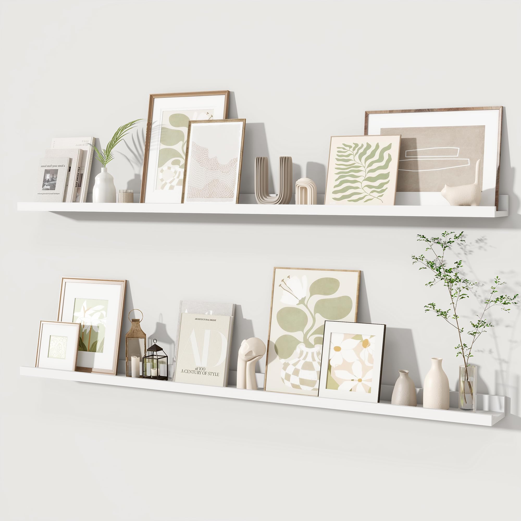 Fun Memories Picture Ledge Shelves Set of 2,(2”H x 3.5”D x 48L), Inch Rustic Wall Mounted Floating Shelves with Lip for Home Storage and Décor in Bathroom, Kitchen, Nursery, Bedroom, Living Room, White