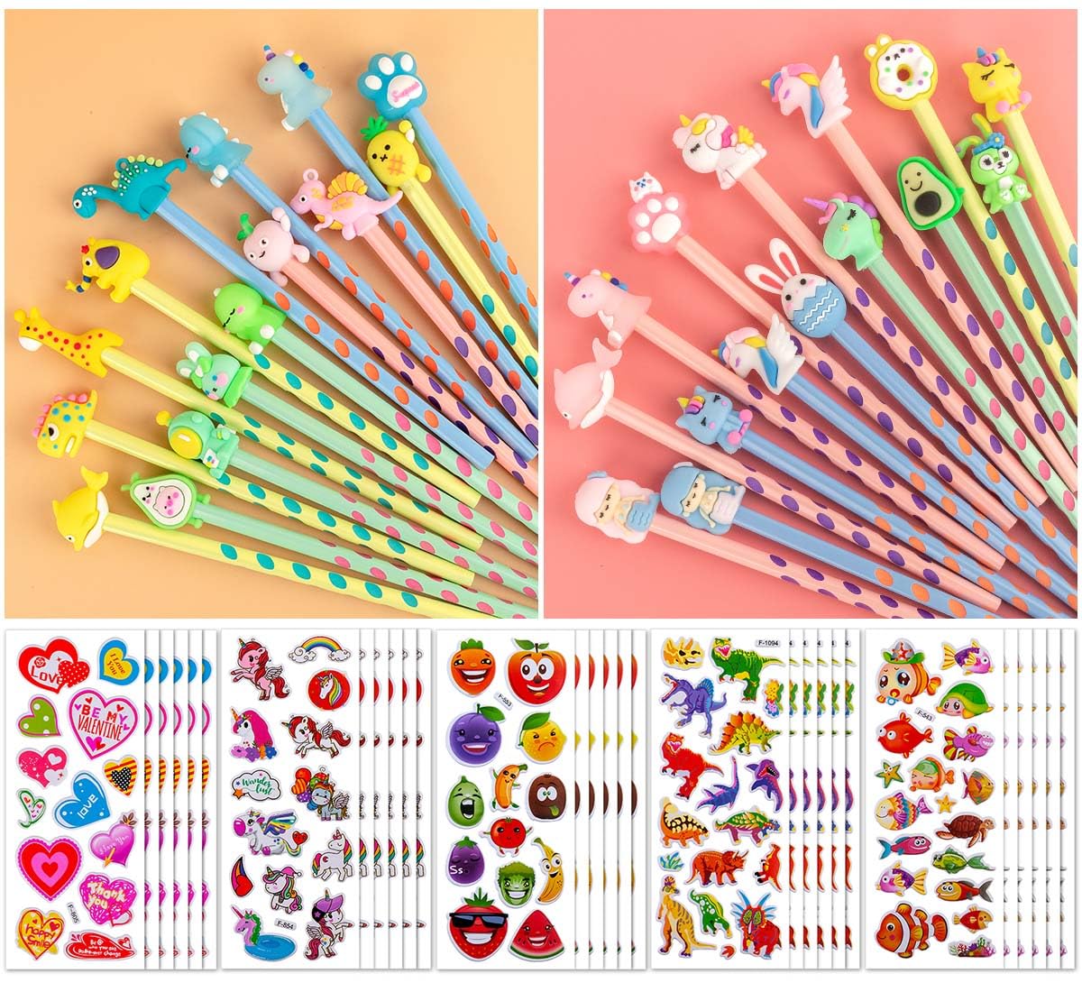 30 Lapices Regalos Cumpleaños Niños Colegio y 30 Pegatinas Infantiles | Set 60 - 3D Pegatinas Niños y Lapices de Dibujos Animados | Detalles Cumpleaños niños
