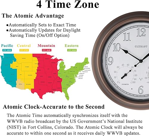 Miniatura 2 de CLXEAST Reloj de pared analógico atómico iluminado de 18 pulgadas para interiores y exteriores con temperatura y humedad, relojes iluminados para