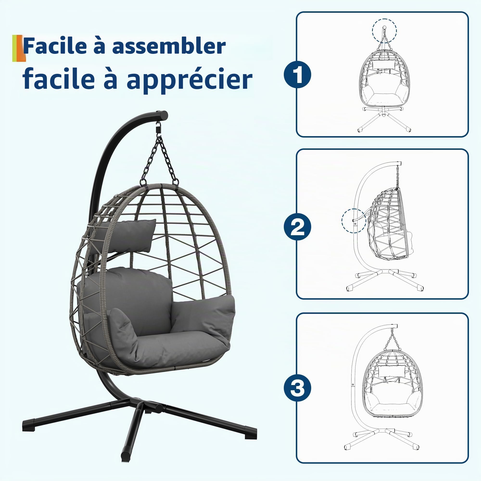 Fauteuil Suspendu œuf en rotin avec Support – Cadre Acier Robuste, Coussins lavables, Housse imperméable Incluse – Ergonomique, Appui-tête – Capacité 150 kg – pour intérieur/extensionérieur