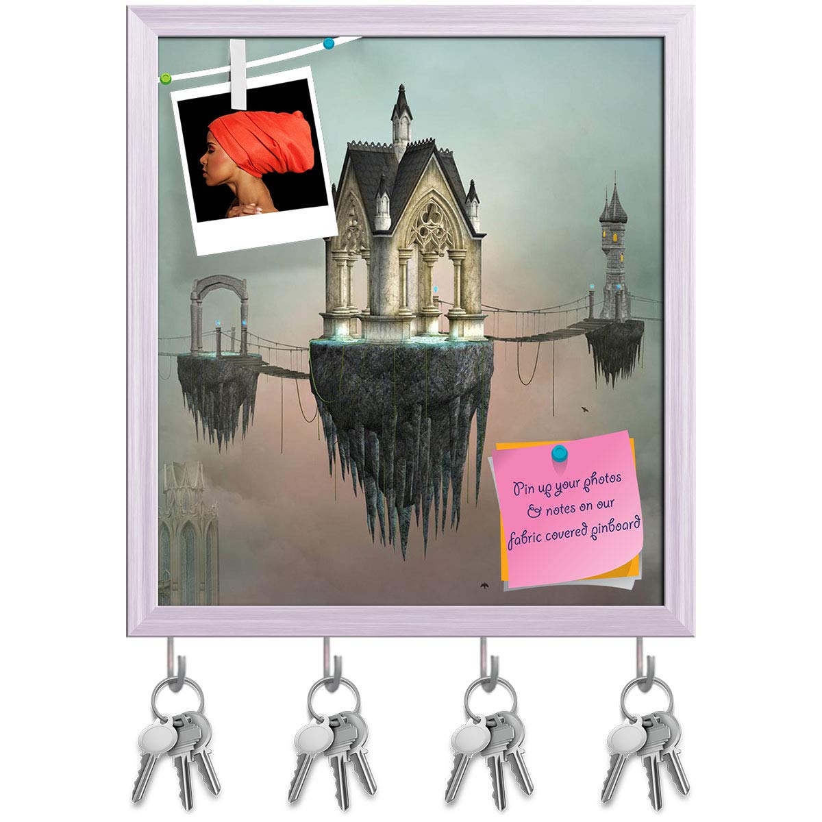 ArtzFolio Fantasy Village D1 Bulletin Notice Pin Board | Vision Soft Board | Inbuilt Key Holder Hooks | White Frame 16 x 17.9 inch (41 x 45 cms)