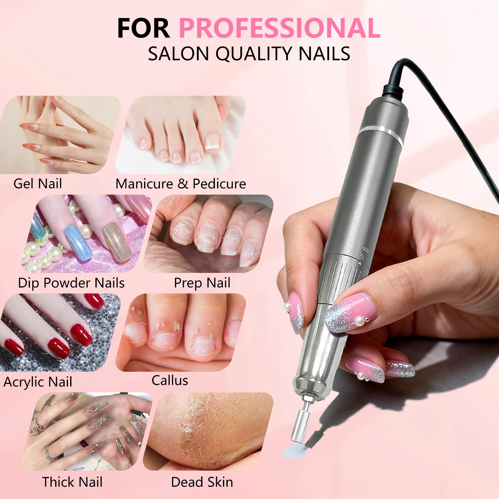 BETE Professioneller Nagelbohrer mit bürstenlosem Motor, 40.000 U/min, kabellos, elektrisch, Nagelfeilen-Set mit 6 Bits, wiederaufladbares Efile für Acrylgelnägel, Maniküre-Werkzeuge für den