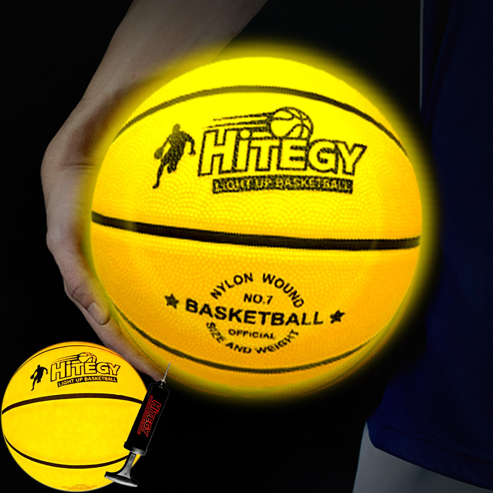 HITEGY Rechargeable Glow in The Dark Basketball - USB Charging, Water-Resistant, Size 7, Impact Activated, Includes Pump & Charging Cable -