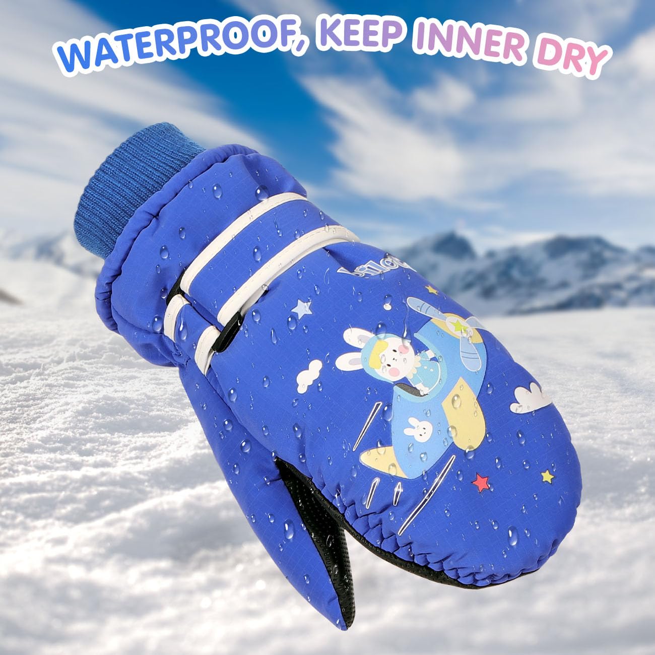 Rhino Valley Guantes de Esquí para Niños, Manoplas de Nieve Impermeables para Niños, Guantes de Invierno Cálidas con Cinta Ajustable, Guantes de Nieve para Niñas al Aire Libre y Snowboard