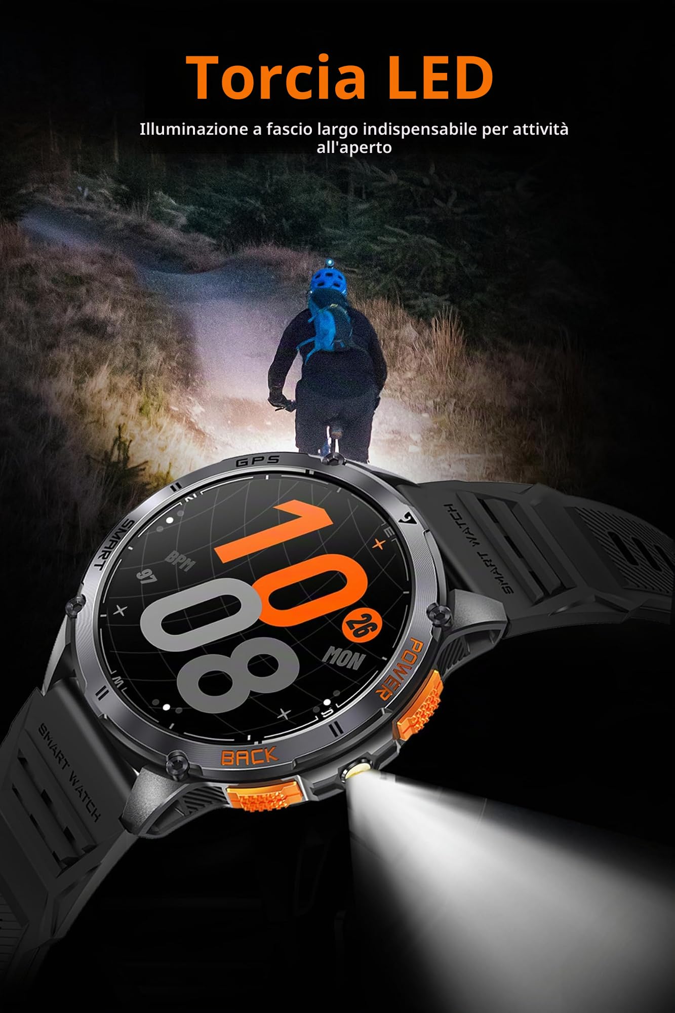 Orologio GPS da uomo, militare, sportivo, con bussola, altimetro, barometro, orologio da fitness, frequenza cardiaca, pressione sanguigna, contapassi, orologio da corsa all'aperto, torcia a LED