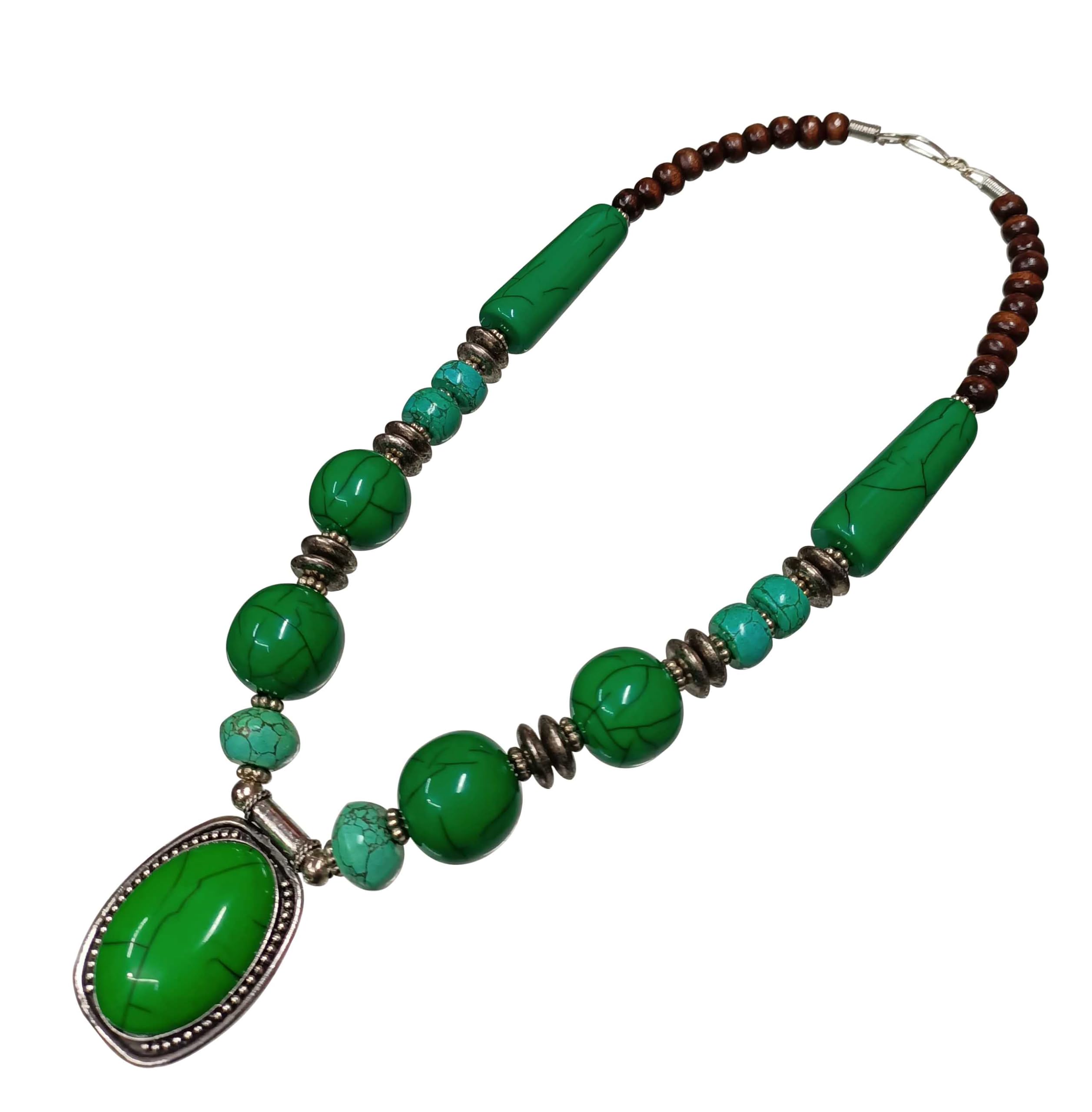Ethnic Tibetan Hand Work Resin Beads Semi Turquoise bead Alloy, Brass & Iron Base Silver Plated Metal Oval Pendant Necklace for Girls and Women (Length 26 inch) (B092DLF38L) Amazon Price History, Amazon Price Tracker