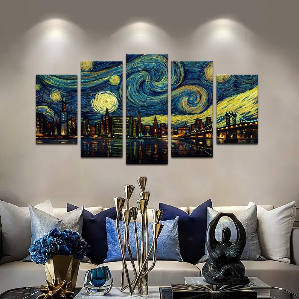 Biuteawal 5 Piece New York City Canvas Wall Art Manhattan Starry Night Skyline Painting Print on Canvas Modern Home Office Living Room Wall Decoration Gallery Wrapped 60x32inch
