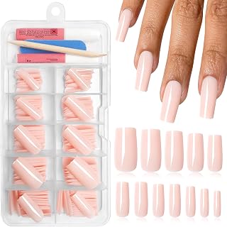 Nude Medium Press on Nails Square, Glossy Square Press on Nails Medium Fake Nails with Glue, 120pcs Acrylic Nails Press ons Full Cover False Nails