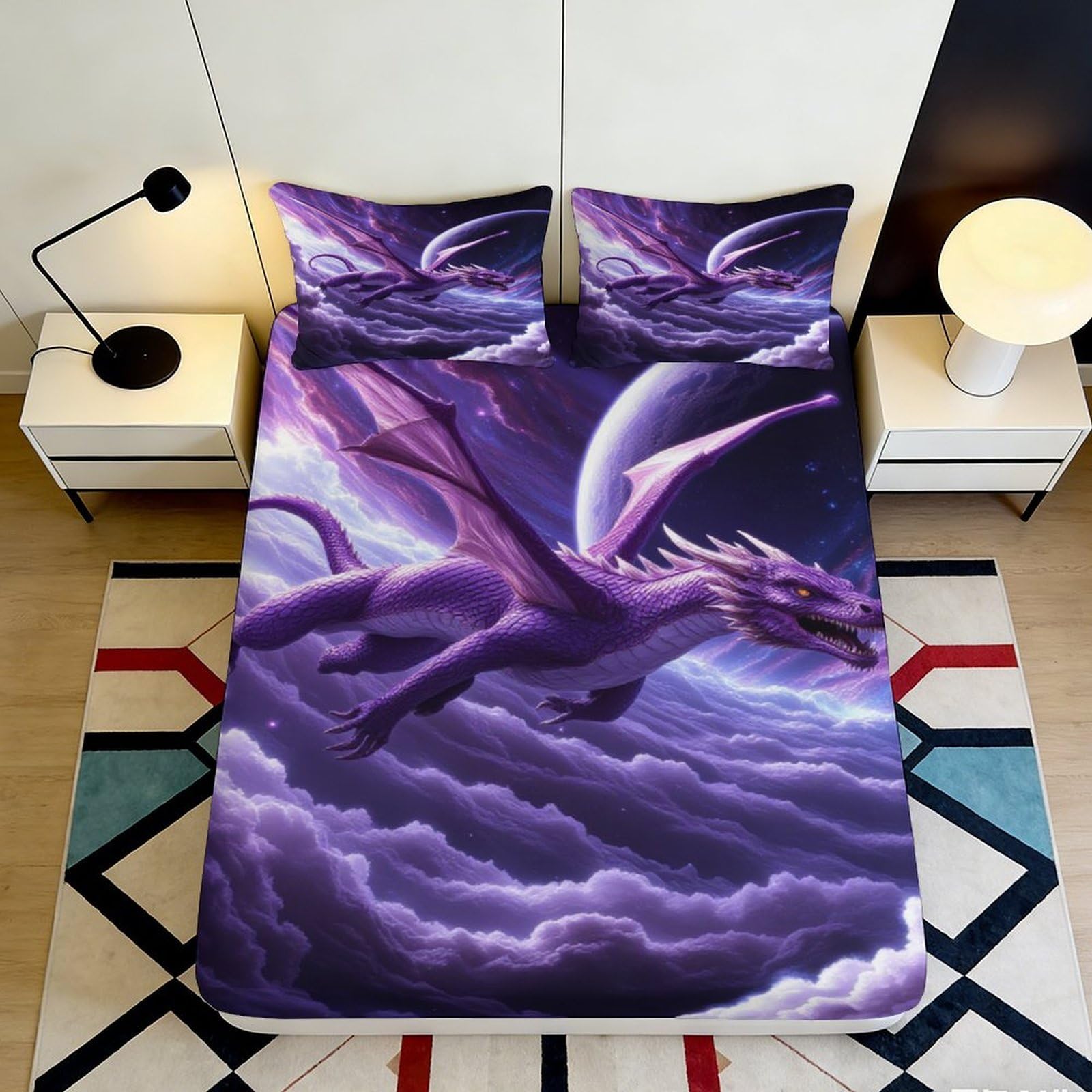 Pnayamiorkfel Style-4 3D Printed Purple Dragon Fitted Sheet Microfiber Soft Breathable Fantasy Moon Mattress Cover Bedroom Dorm Decor 90X200x25cm