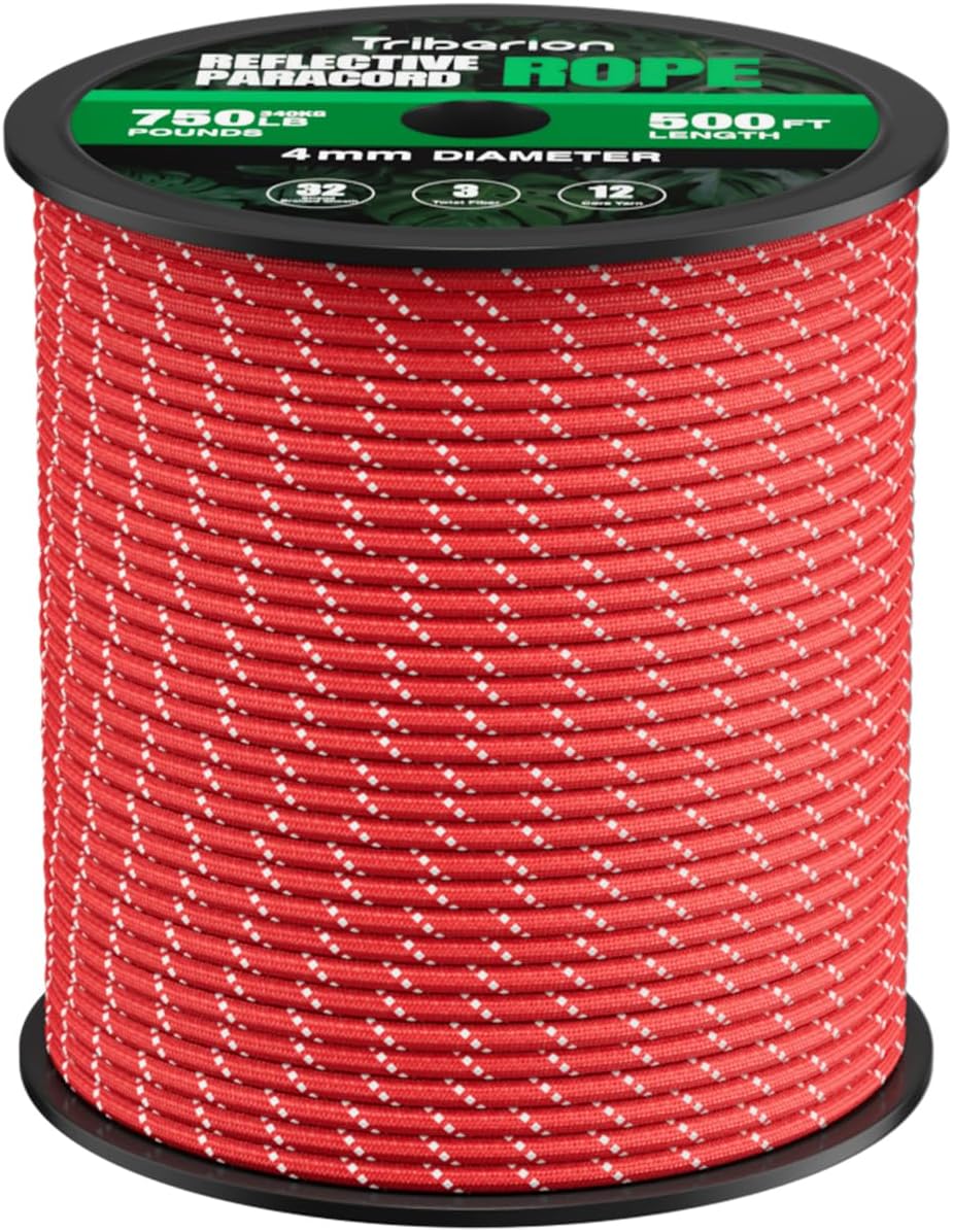 Reflective Paracord Rope 750 lb - 500ft 5/32" Parachute Cord 4MM 12-Strand para Cord - Heavy Duty Spool String for Survival,Camping Gear, Survival Bracelet, Clothesline - Red