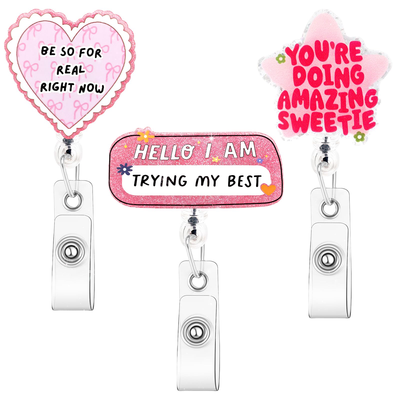 Photo 1 of 3Pcs Funny Cute Heart Shaped Badge Reel Retractable Nurse Badge Holder with Alligator Clip Glitter ID Name Badges Reel Buddy Pink Nurse Doctor Gifts Accessories Fun Office Medical Stuff Essentials