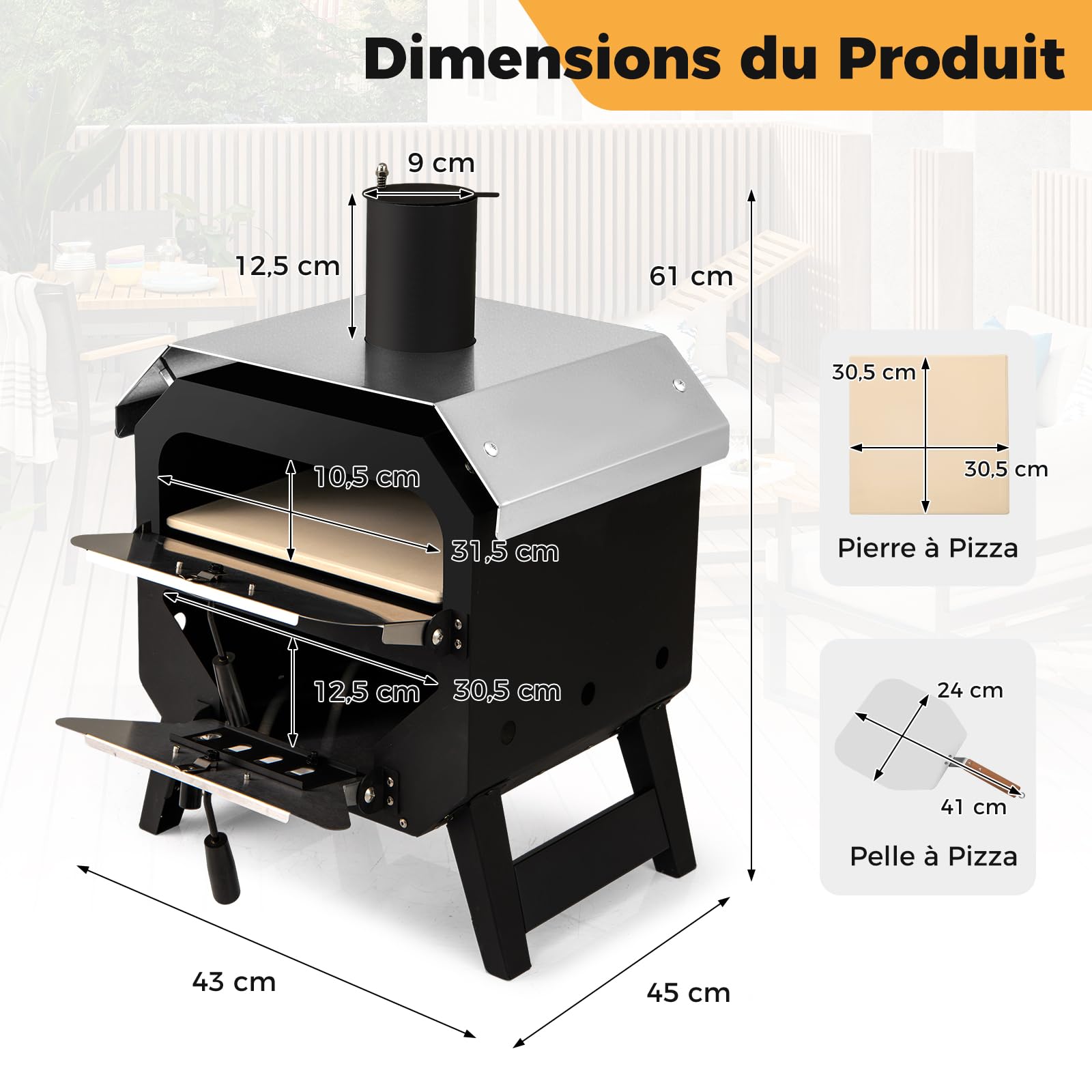 GYMAX Four à Pizza Extérieur à Bois ou à Pellets, Pierre de Cuisson, 510℃, Acier Anti-brûlure, Compact pour BBQ Camping