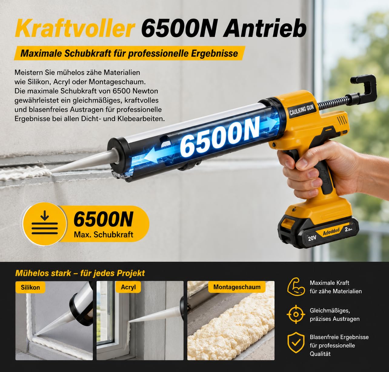 Akku Silikonpistole 6500N mit 6 Geschwindigkeiten für 300ml Kartuschen | 2×2.0Ah Akkus inklusive, kompatibel mit Makita 18V Akkus, ideal für Silikon, Kleber und Dichtstoffe