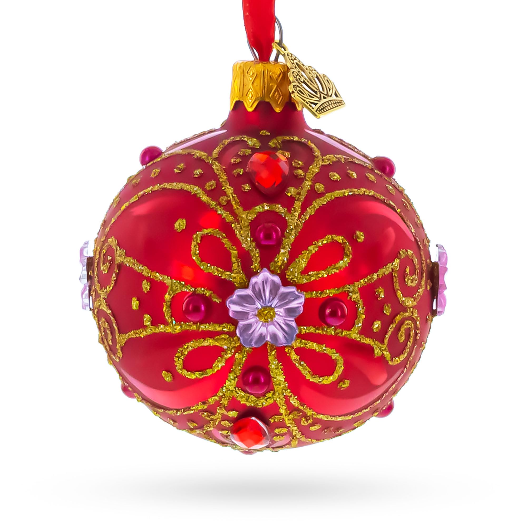 Bola de cristal roja y dorada con detalles de pergaminos y gemas de 6 cm