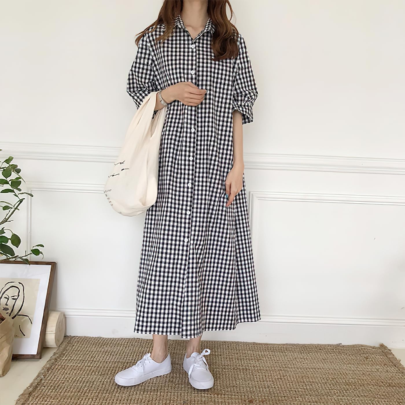chouyatou Women's Summer Casual Short Sleeve Cotton Gingham Dress Plaid Midi Long Shirt Dress