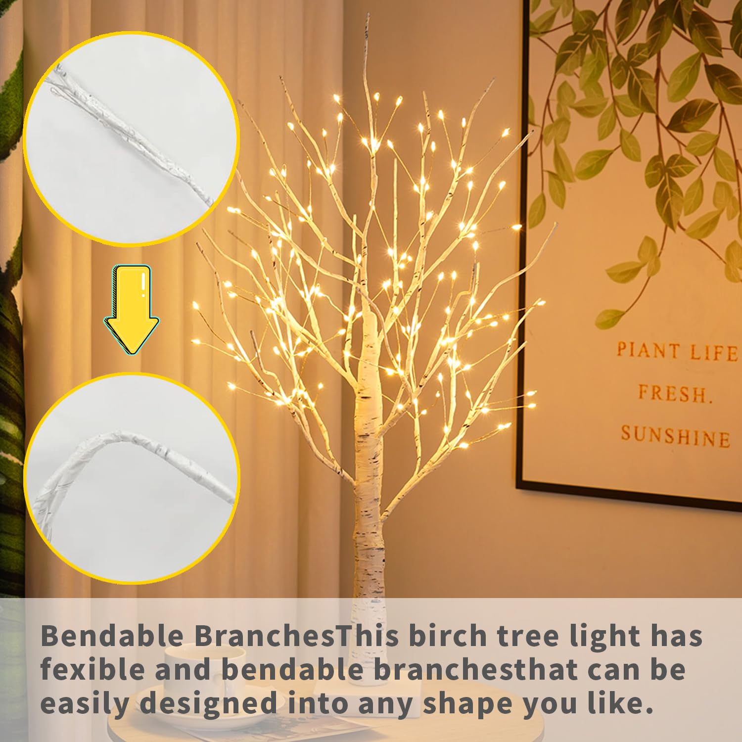 Árbol de Abedul para Interior con 144 Leds Blanco Cálido, USB Arbol Luces Ajustable Luces Ramita Funciona con Pilas Arbol de Navidad con Luces para Navidad Pascua Fiesta Decoración Interior(Abedul)