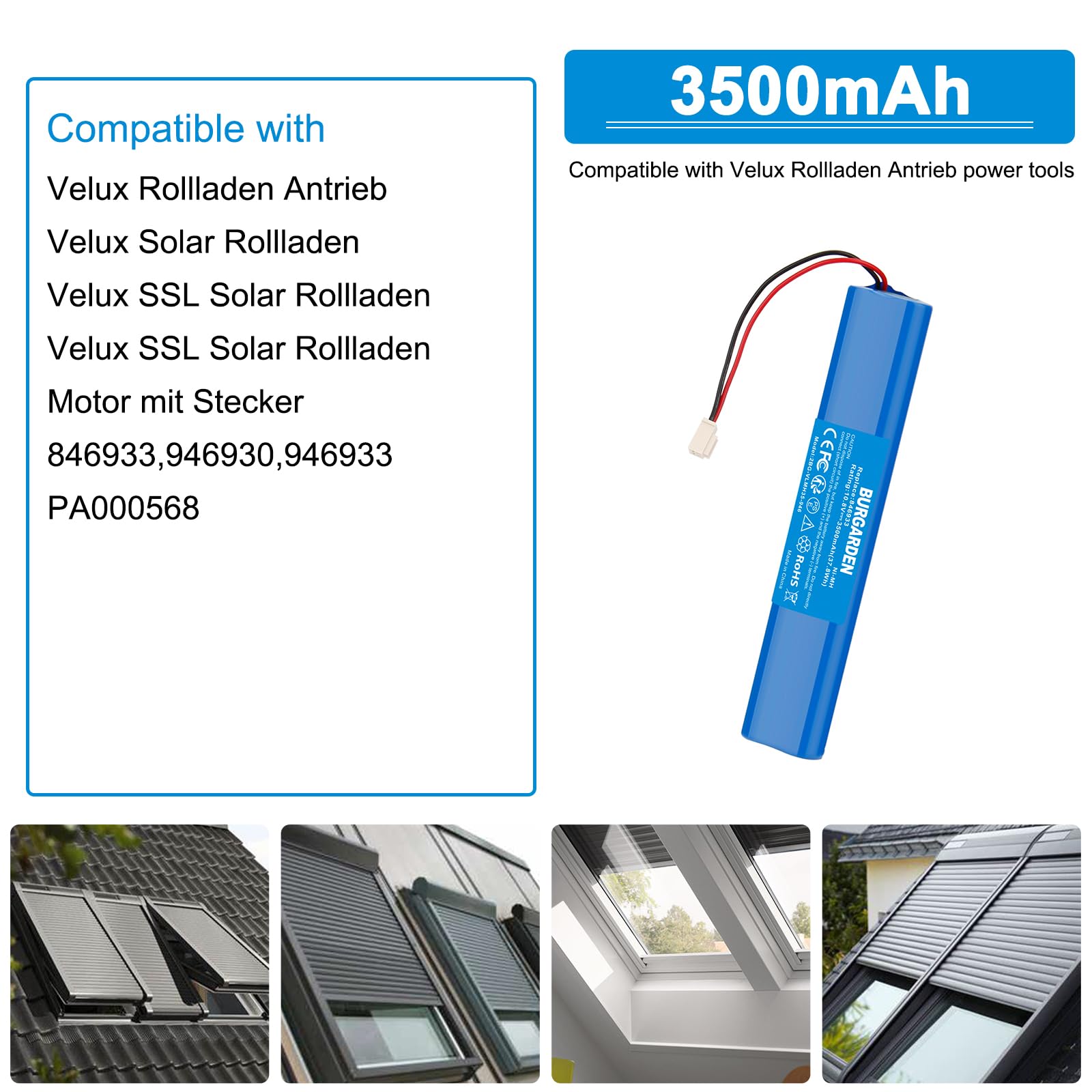 2Pcs 10.8V 3500mAh NI-MH Batteria per Velux Tapparelle, Tapparelle Solari SSL, Batteria di Ricambio con Cavo e Spina per 846933, 946930, 946933, PA000568