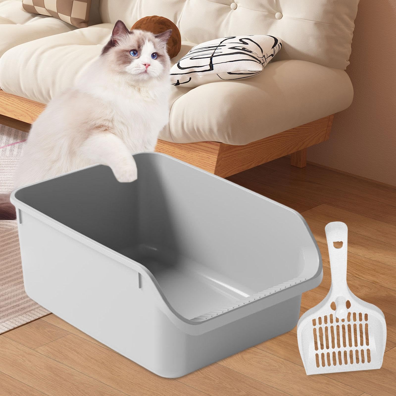 Milageto Caja de Arena para Gatos con Tapa Abierta, Bandeja de Arena Semicerrada, Bandeja de Arena para Gatos Fácil de, Arenero para Mascotas con T, Gris
