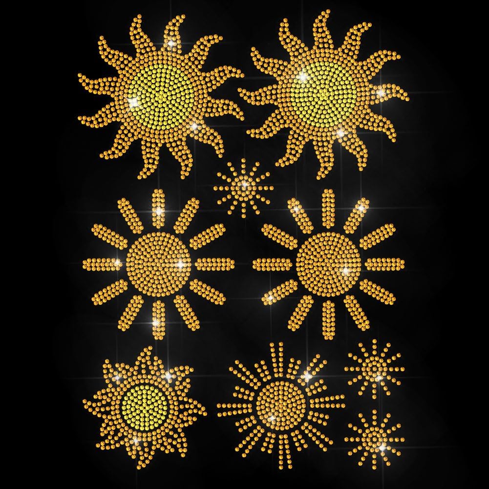 MAYJOYDIY Golden Sun Rhinestone Iron on Transfer Sky Sunshine Heat Transfer Decal Solar Rays Shiny Hot-fix Rhinestone Transfers Sunny Diamond Iron on Stickers for Shirts Bags Hats Jacket Jeans