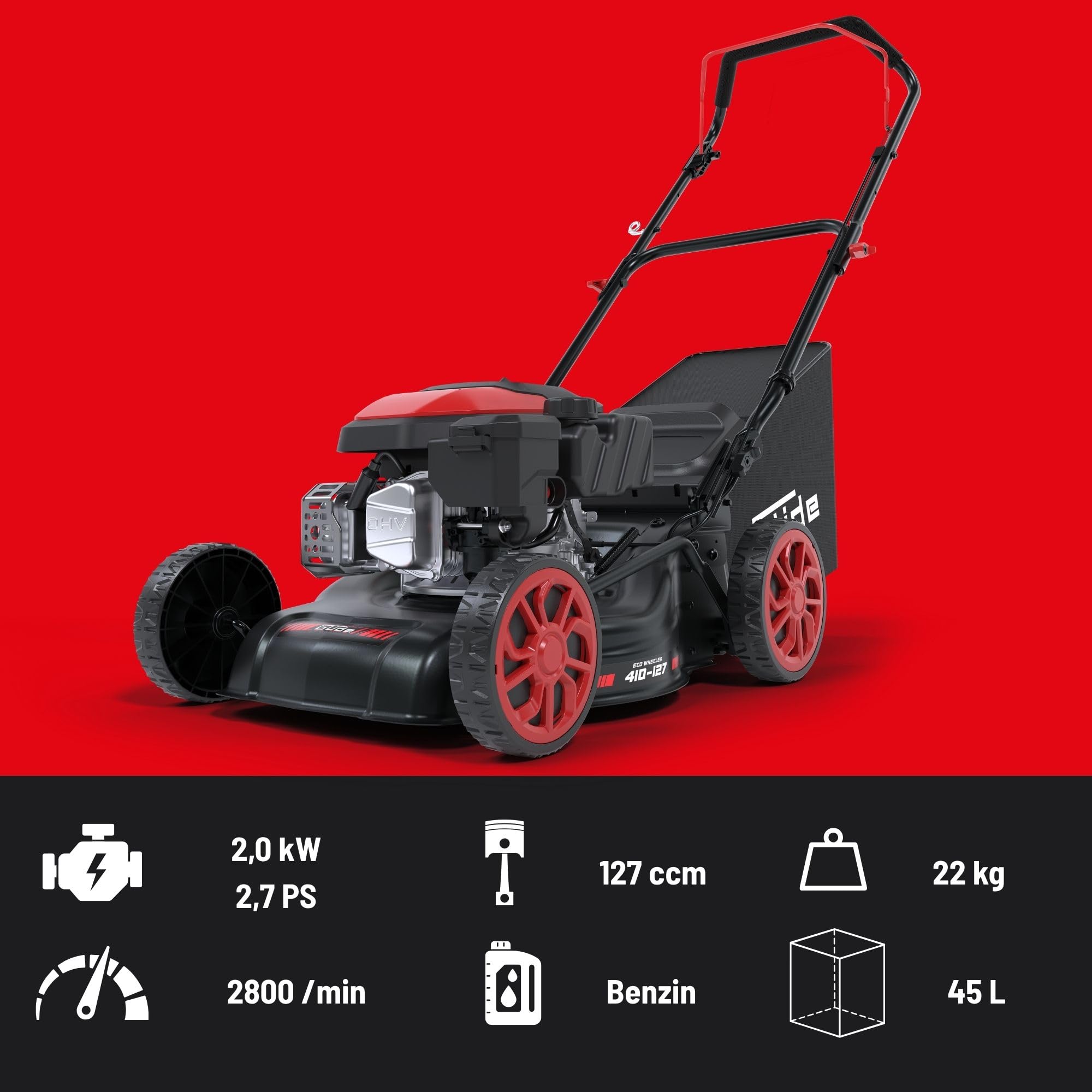 Güde EW 410-127 Eco Wheeler - Cortacésped de Gasolina, Motor de 4 Tiempos, cilindrada de 127 centímetros cúbicos, 2 kilovatios, 2,7 CV, Ancho de Corte de 41 centímetros, Ajuste de Altura de Corte de