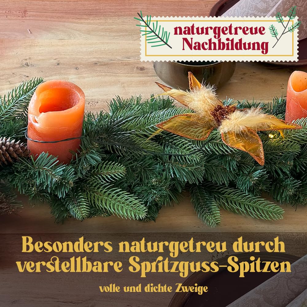 Weihnachtsgirlande künstlich 150 cm I Naturgetreue Nachbildung mit Spritzguss Elementen, Weihnachtsdekoration für Innen, Draußen + Eingangstür Halterung I ohne Deko (Grün, 270 cm)