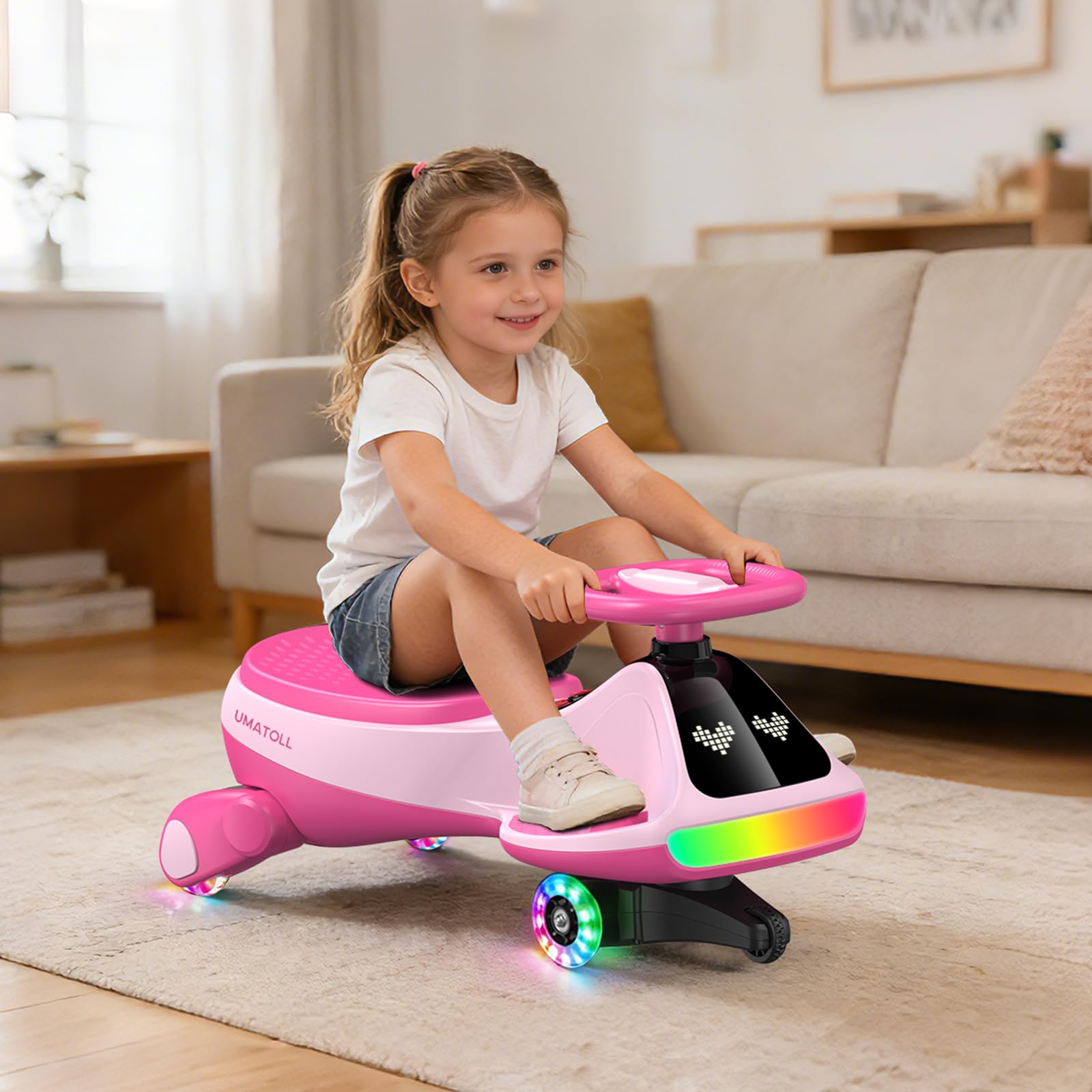 Umatoll Coche Eléctrico 12V para Niños con Pedal, Pantalla, Batería Recargable, Luz LED, Bluetooth, Ruedas Iluminadas, Antivuelco, 2 Velocidades, Juguete, Regalo +3 Años, Carga Máxima 68 kg