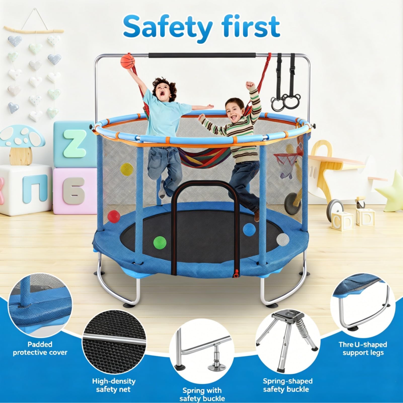 150cm Trampolino Elastico per Bambini, 5 in 1 Multifunzionale Tappeto Elastico con Altalena, Canestro Basket, Anelli, Rete Sicurezza e Ventose Antiscivolo, Altezza Regolabile per Bambini 2 ai 9 Anni