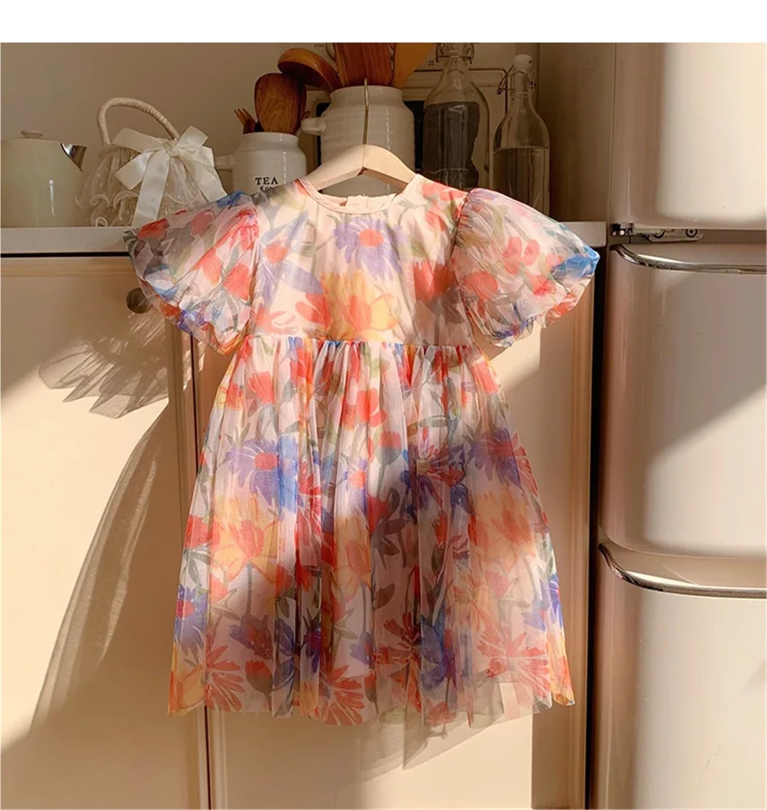 Vestido De Fiesta para NiñA Vestido de Verano con Estampado Floral y Mangas abullonadas for niñas de Malla(Sleeveless,12m)