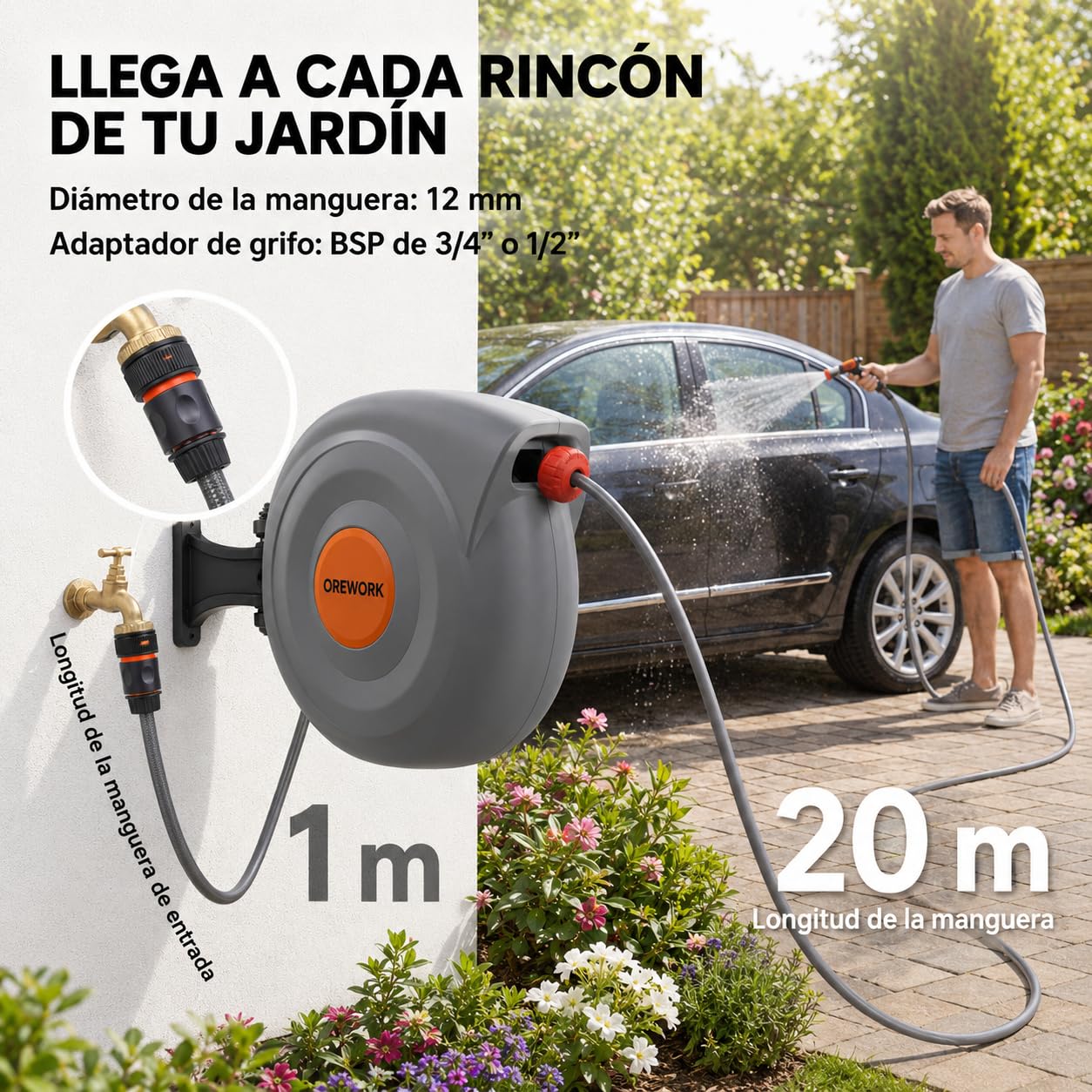 OREWORK Enrollador Automático de Manguera, 20 m, Diámetro 12 mm, con Muelle Retráctil, Soporte de Pared, Lanza de Riego