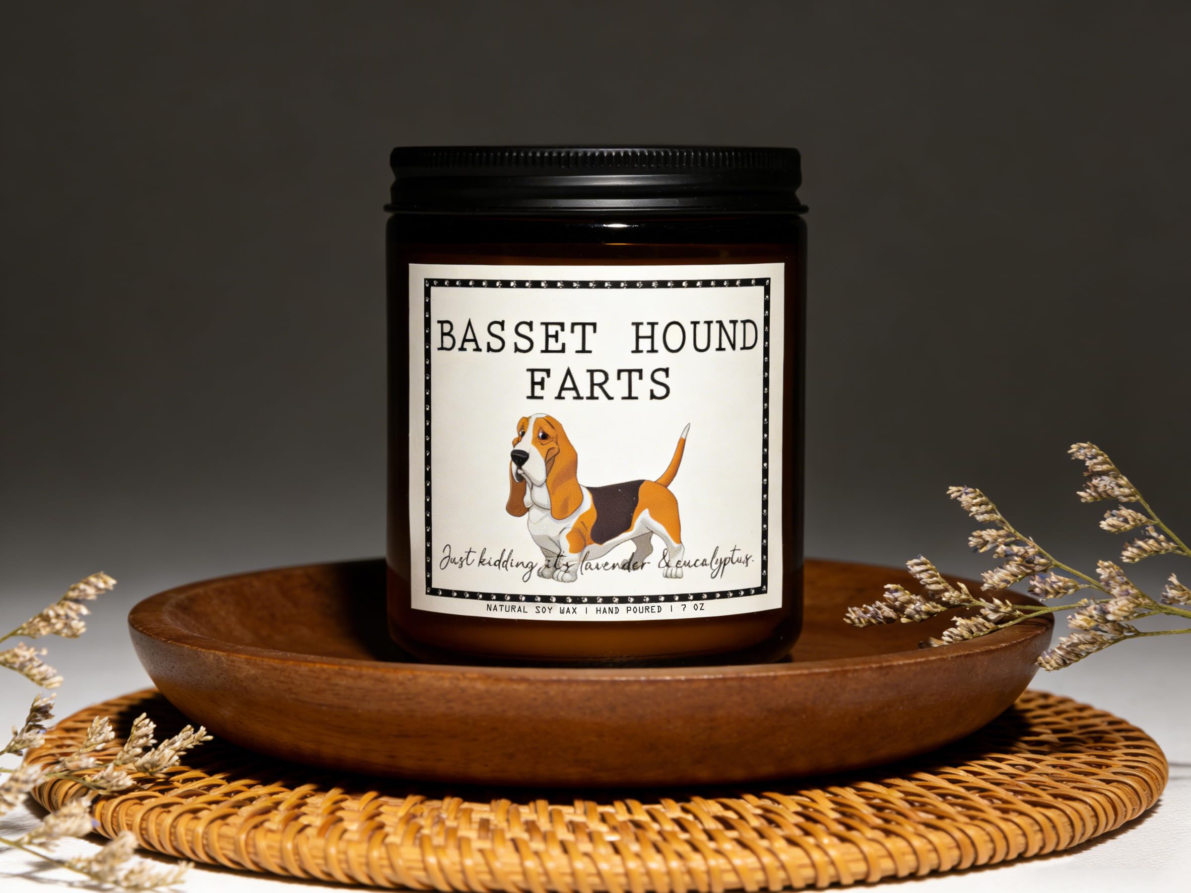 Smells Like Basset Hound Farts Candle - Basset Hound Gifts & Decor, Dog Mom Gifts for Women - Lavender & Eucalyptus Soy Wax Scented Candle, 50Hr Burn