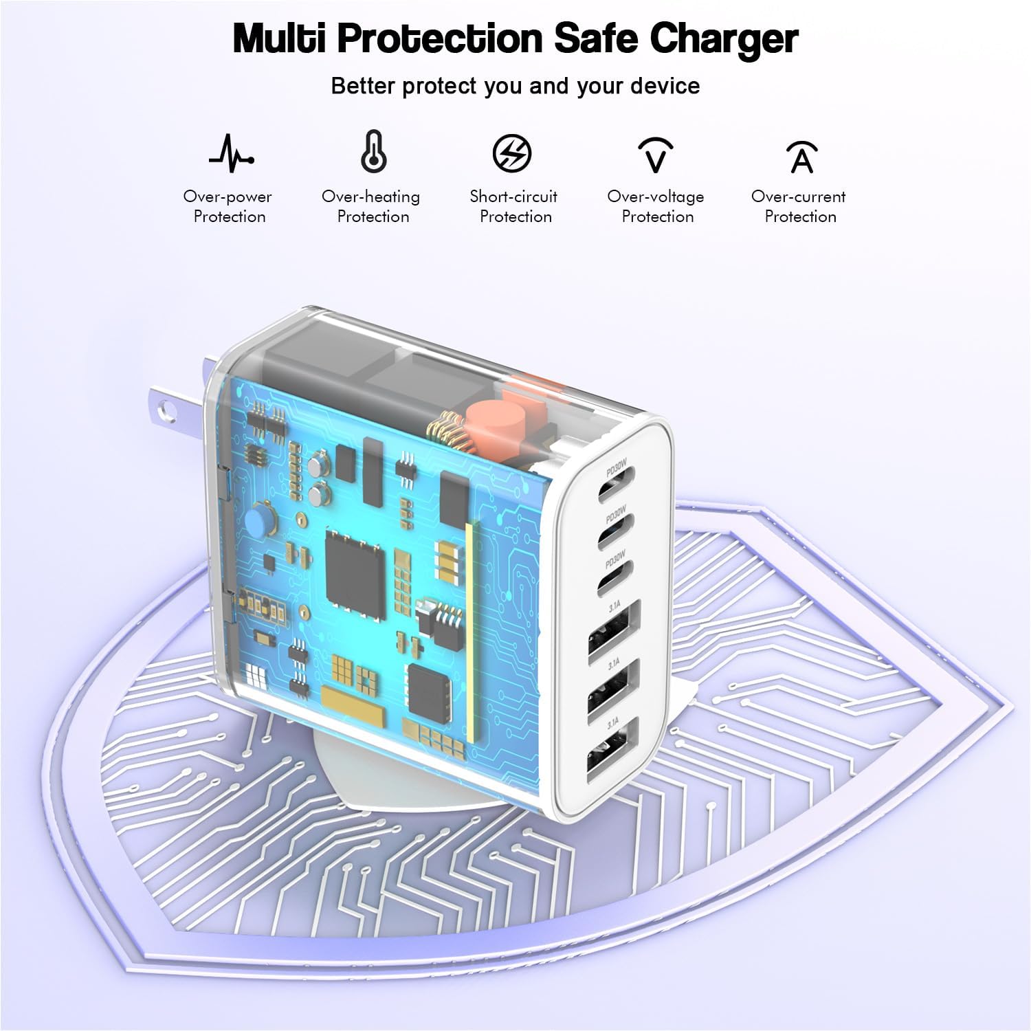 65W USB C Charger Block, 2Pack 6-Port Fast Charging Block with 6ft Long TypeC to TypeC Woven Cable Cord,Multiport Plug,USB C Power Adapter for iPhone 17/17 Air/17 Pro/16/16e/16 Pro Max/15,iPad,AirPods - Image 4