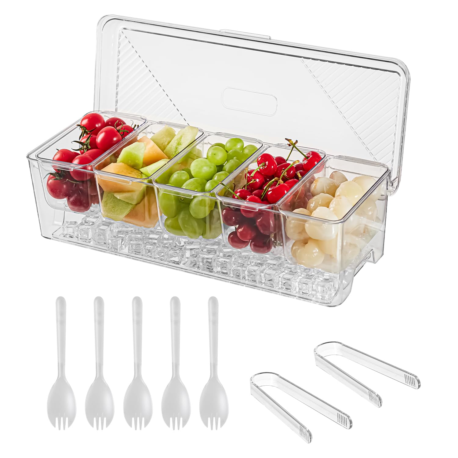 beehomay Ice Chilled Condiment Caddy Stackable Chilled Condiment Containers Serving Platters with Lid and 5 Removable Compartments Set