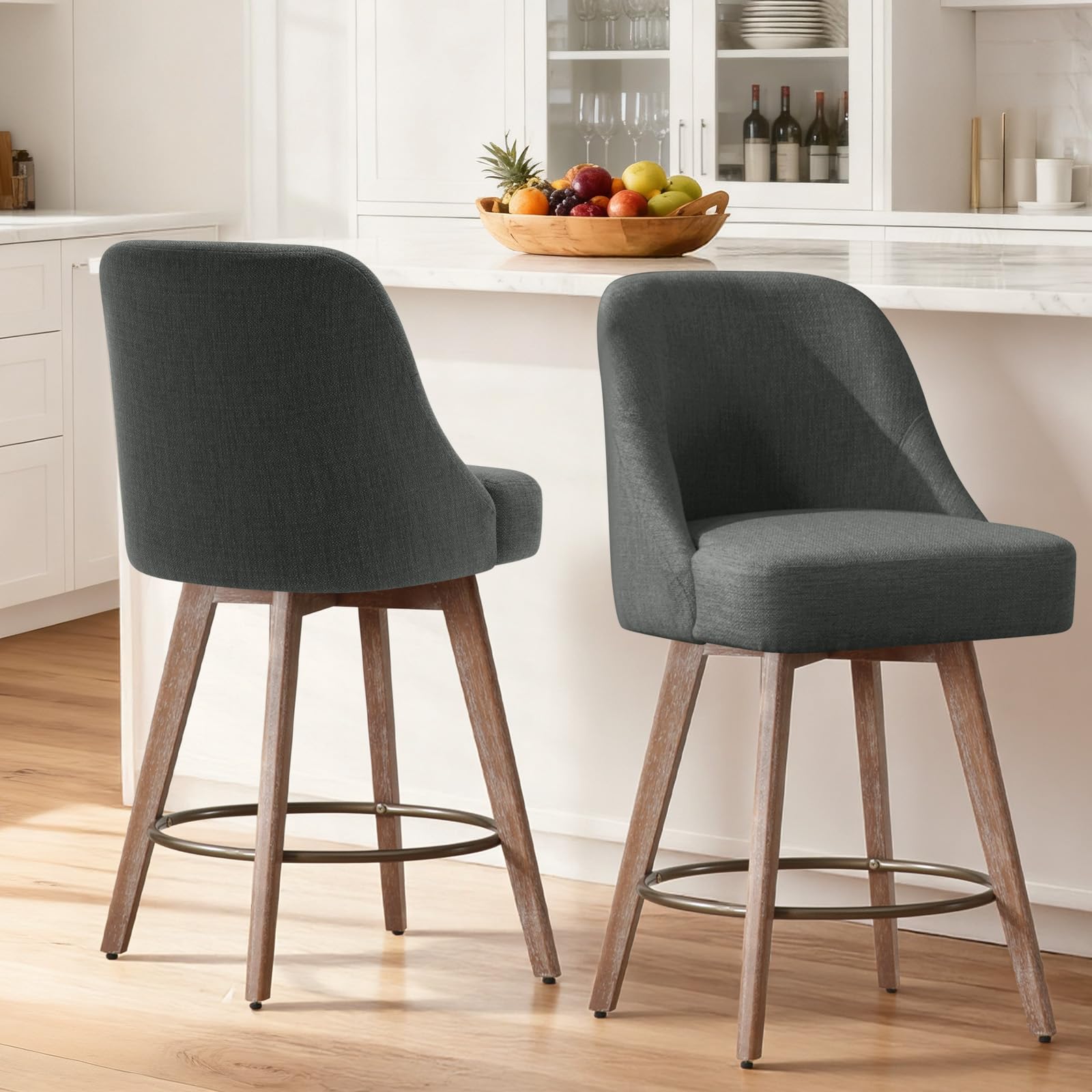 WOOW DEPOT Swivel Bar Stools Set of 2, Linen Fabric Upholstered Barstools with Backs and Wood Legs, Modern Mid-Century Chairs 65CM Seat Height Kitchen Counter Stools (Linen Grey, 2PCS)